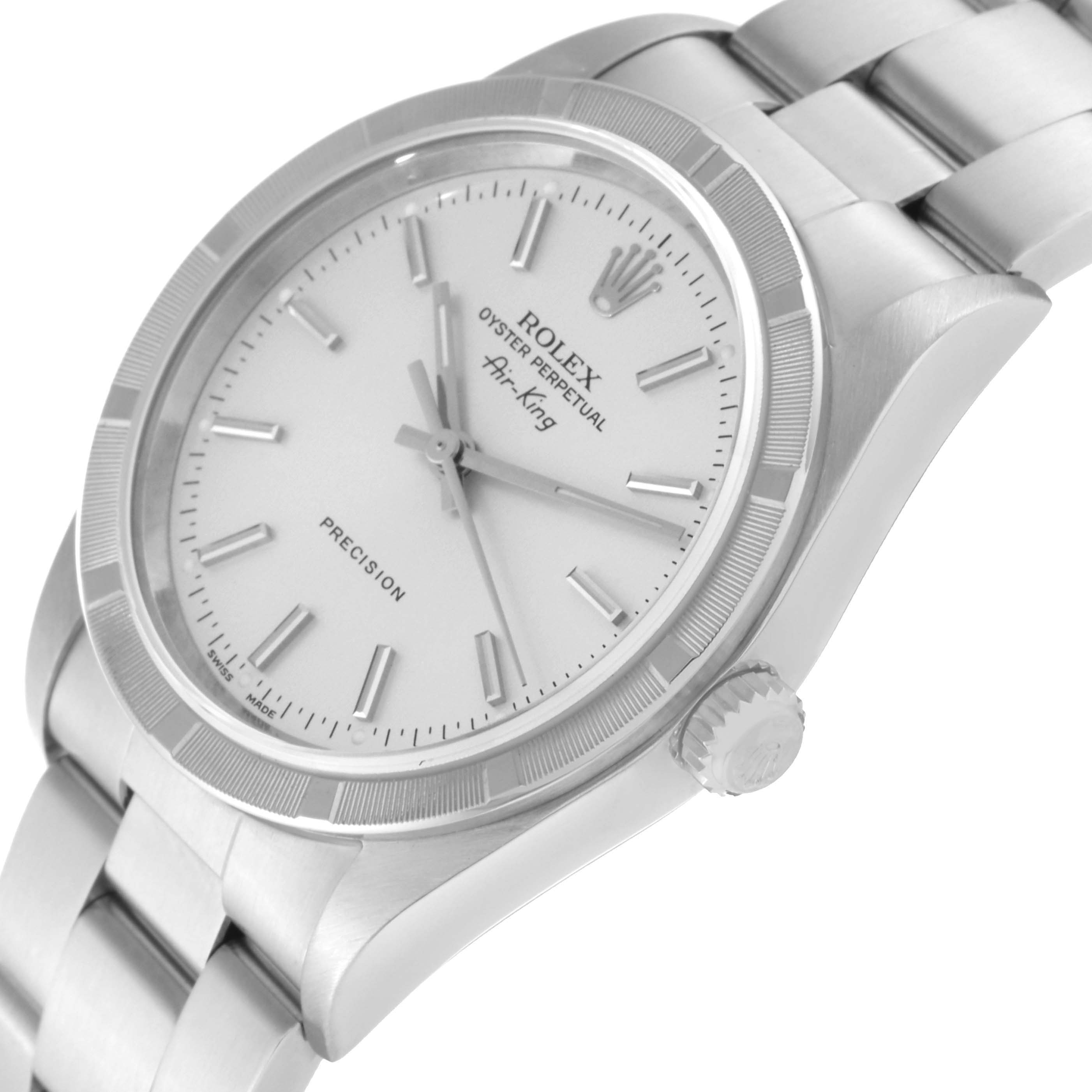 The image shows a close-up, angled view of the Rolex Air-King 14010 Men's Stainless Steel Silver Dial 14010 Men's Stainless Steel Silver Dial watch face, bezel, crown, and part of the bracelet.