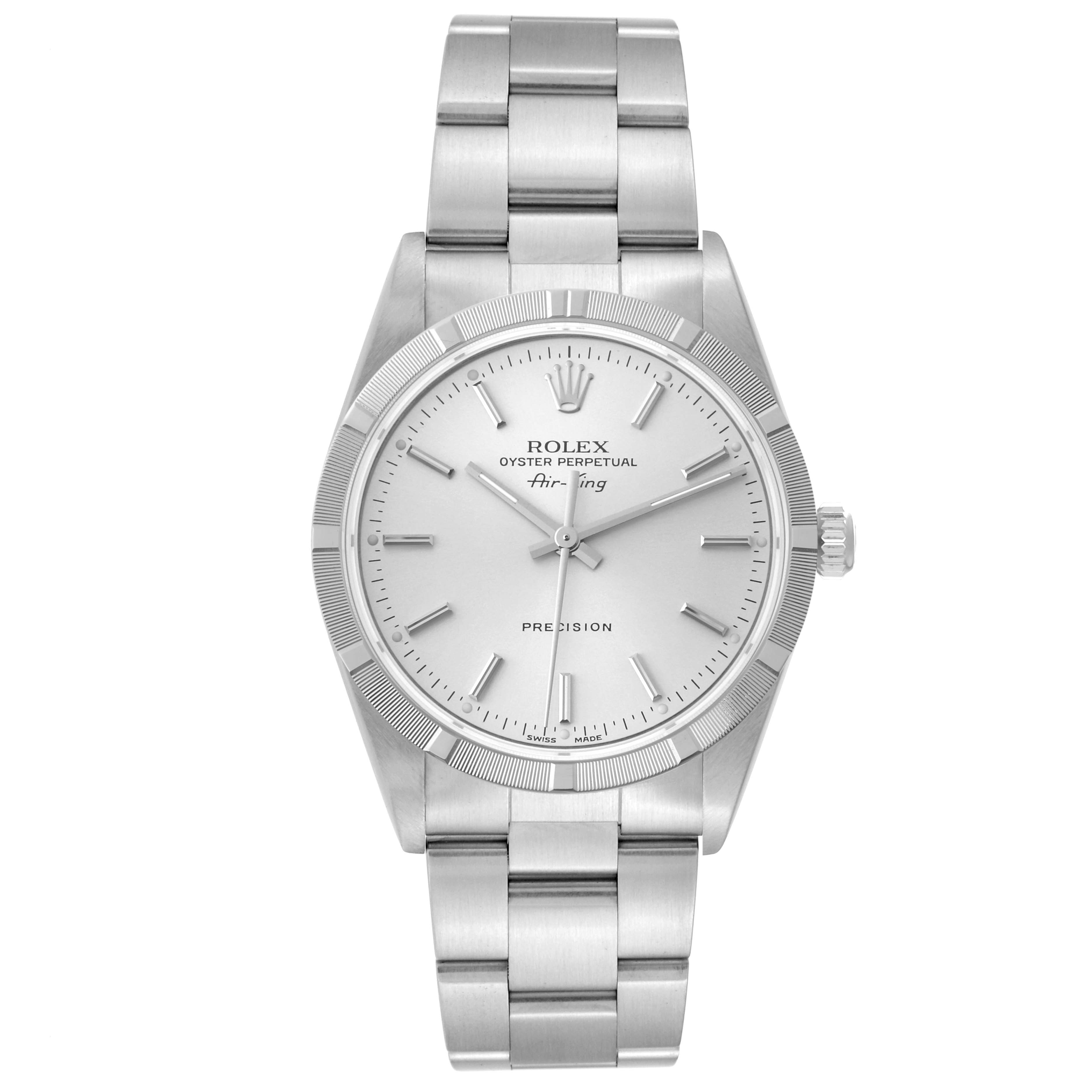 The Rolex Air-King 14010 Men's Stainless Steel Silver Dial 14010 Men's Stainless Steel Silver Dial watch is shown from the front, displaying the dial, hands, bezel, and bracelet.