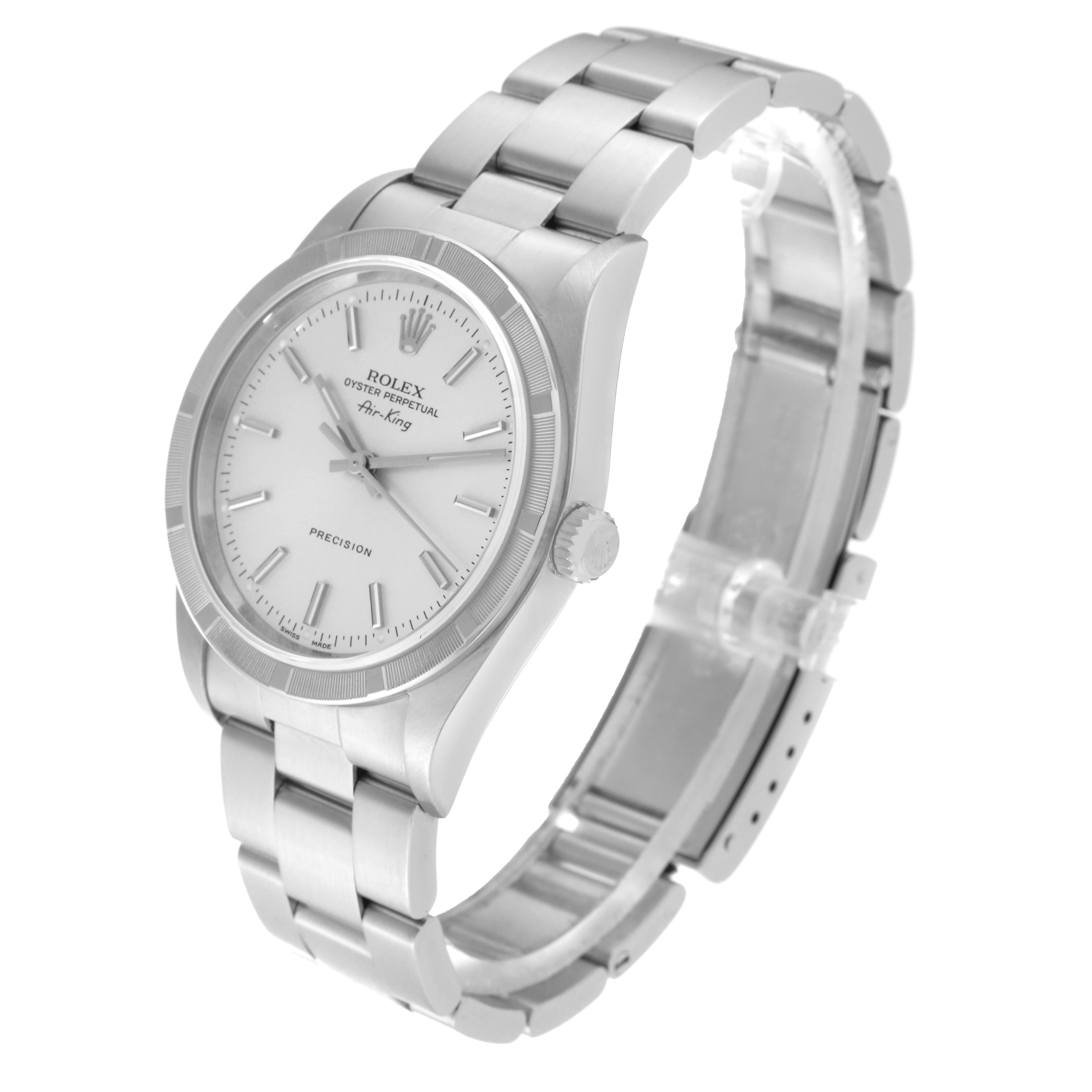 The image shows a side and frontal angled view of a Rolex Air-King 14010 Men's Stainless Steel Silver Dial 14010 Men's Stainless Steel Silver Dial watch, featuring its face, dial, bezel, bracelet, and clasp.