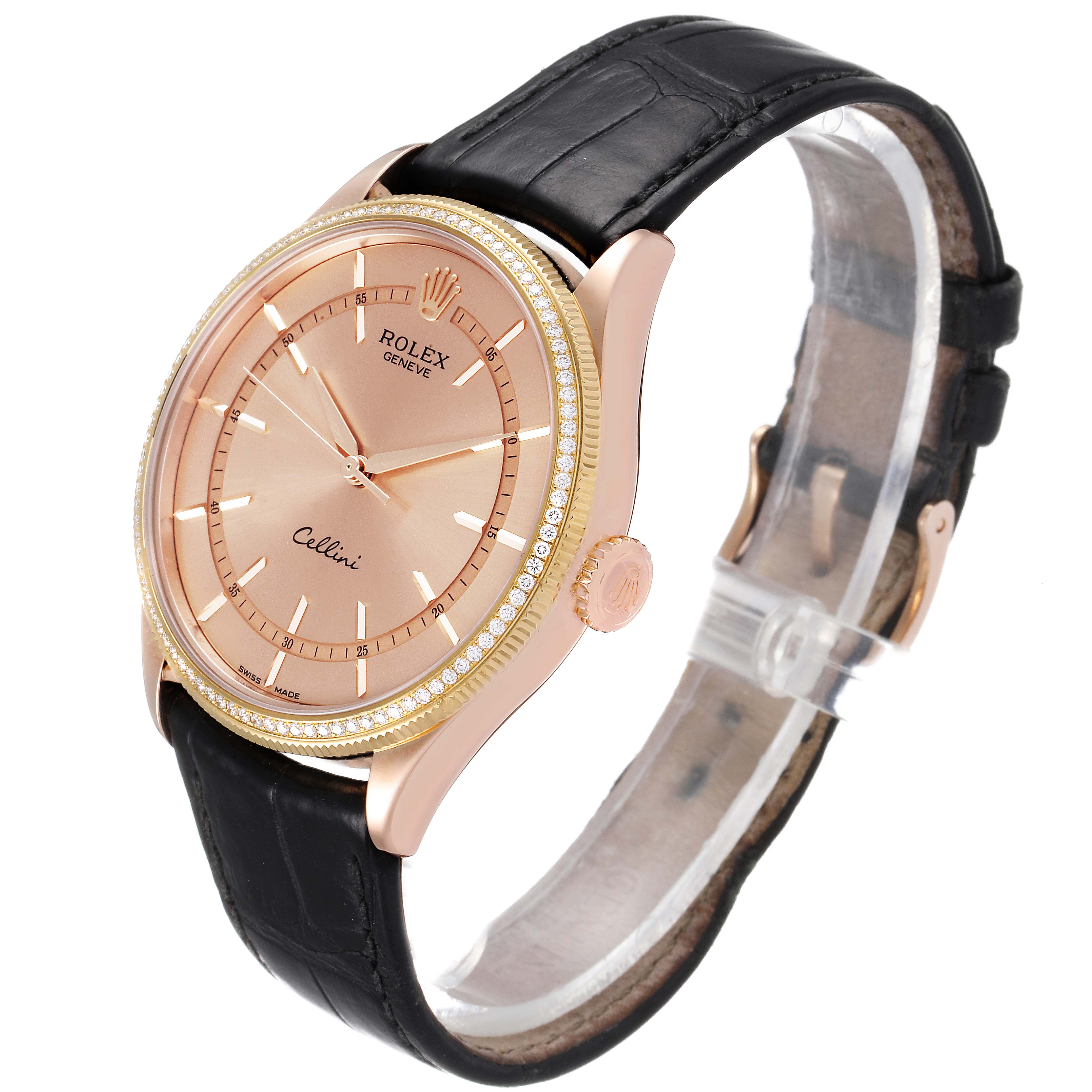 The image shows a Rolex Cellini 50705 Men's Rose Gold Pink Dial 50705 Men's Rose Gold Pink Dial watch at a 3/4 angle, highlighting its dial, bezel, crown, and leather strap.