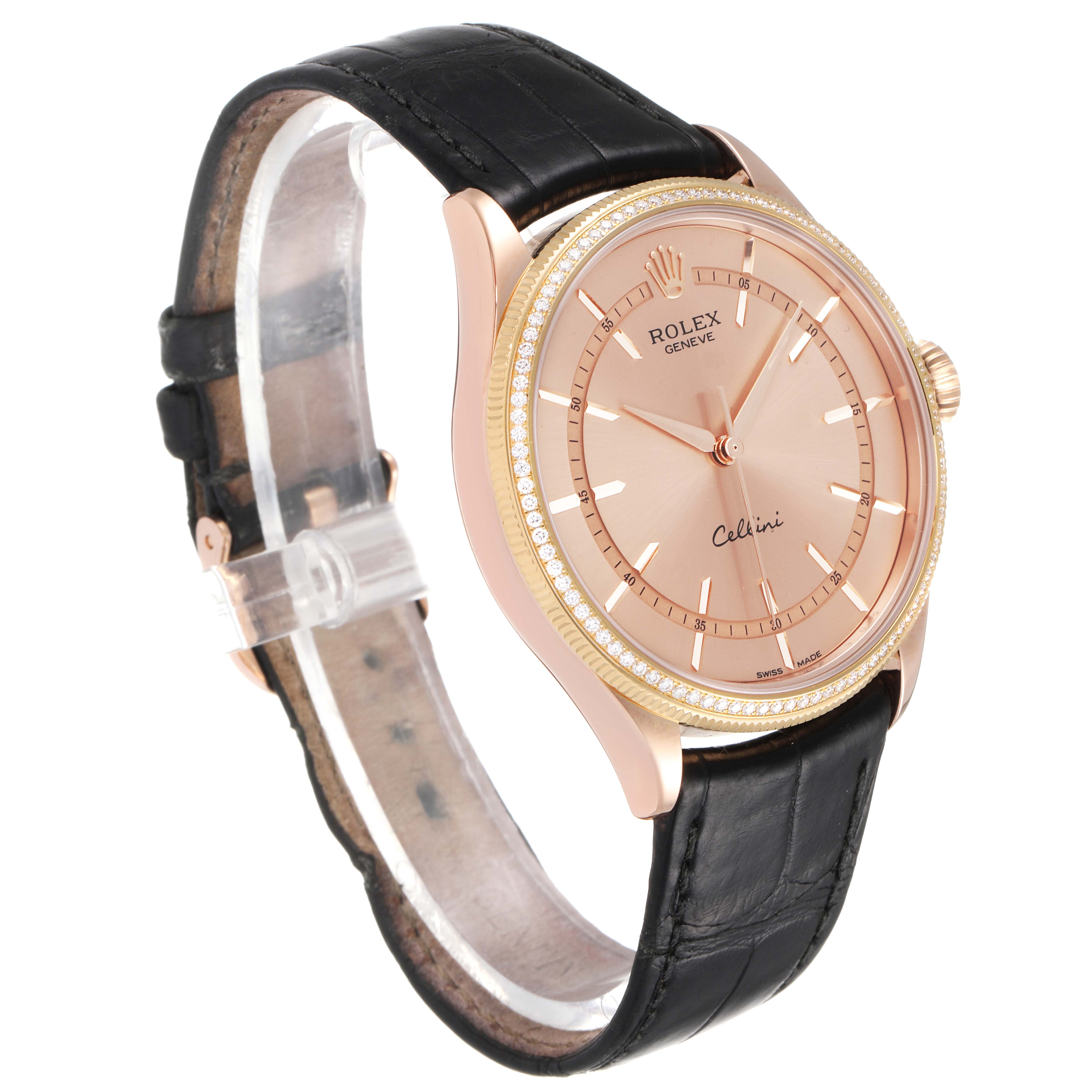 The image shows a side-angle view of a Rolex Cellini 50705 Men's Rose Gold Pink Dial 50705 Men's Rose Gold Pink Dial watch, displaying its black leather strap, rose gold case, and dial.