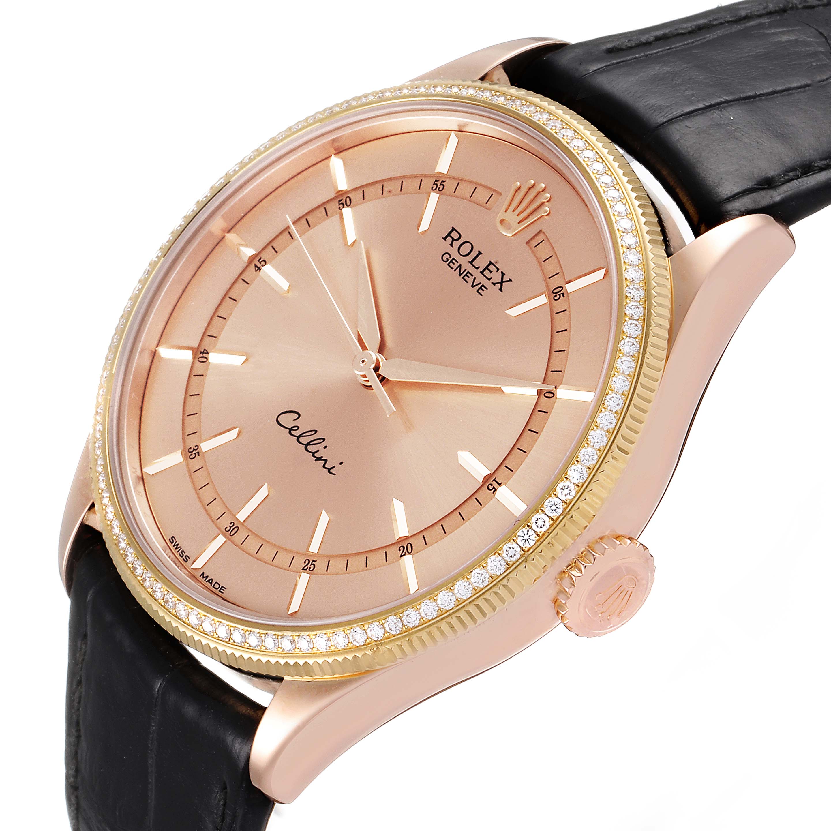 The Rolex Cellini 50705 Men's Rose Gold Pink Dial 50705 Men's Rose Gold Pink Dial watch is shown at an angled close-up, highlighting its rose gold face, diamond bezel, and black leather strap.