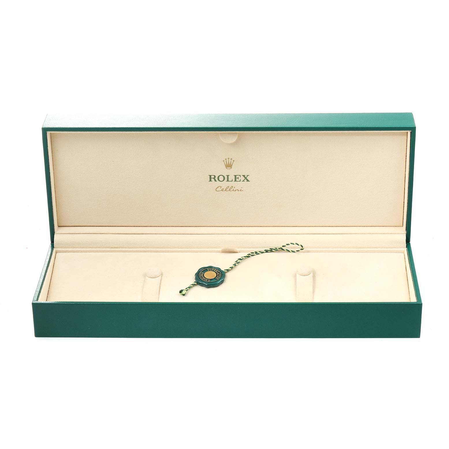 The image shows an empty open box for a Rolex Cellini 50705 Men's Rose Gold Pink Dial 50705 Men's Rose Gold Pink Dial watch, displaying the interior with branding and a Rolex tag.