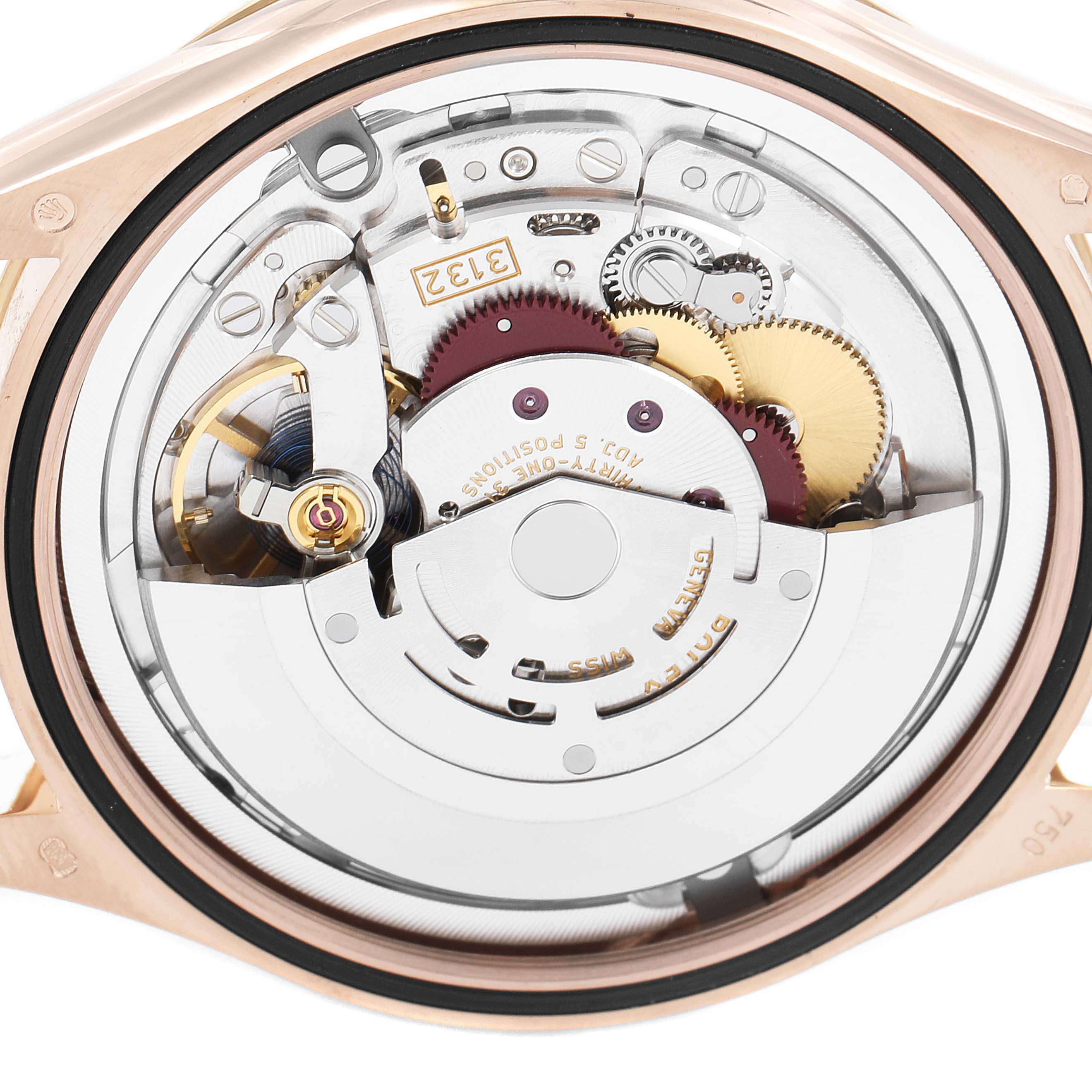 This image shows the back view of the internal mechanism of a Rolex Cellini 50705 Men's Rose Gold Pink Dial 50705 Men's Rose Gold Pink Dial watch, revealing gears and other components.