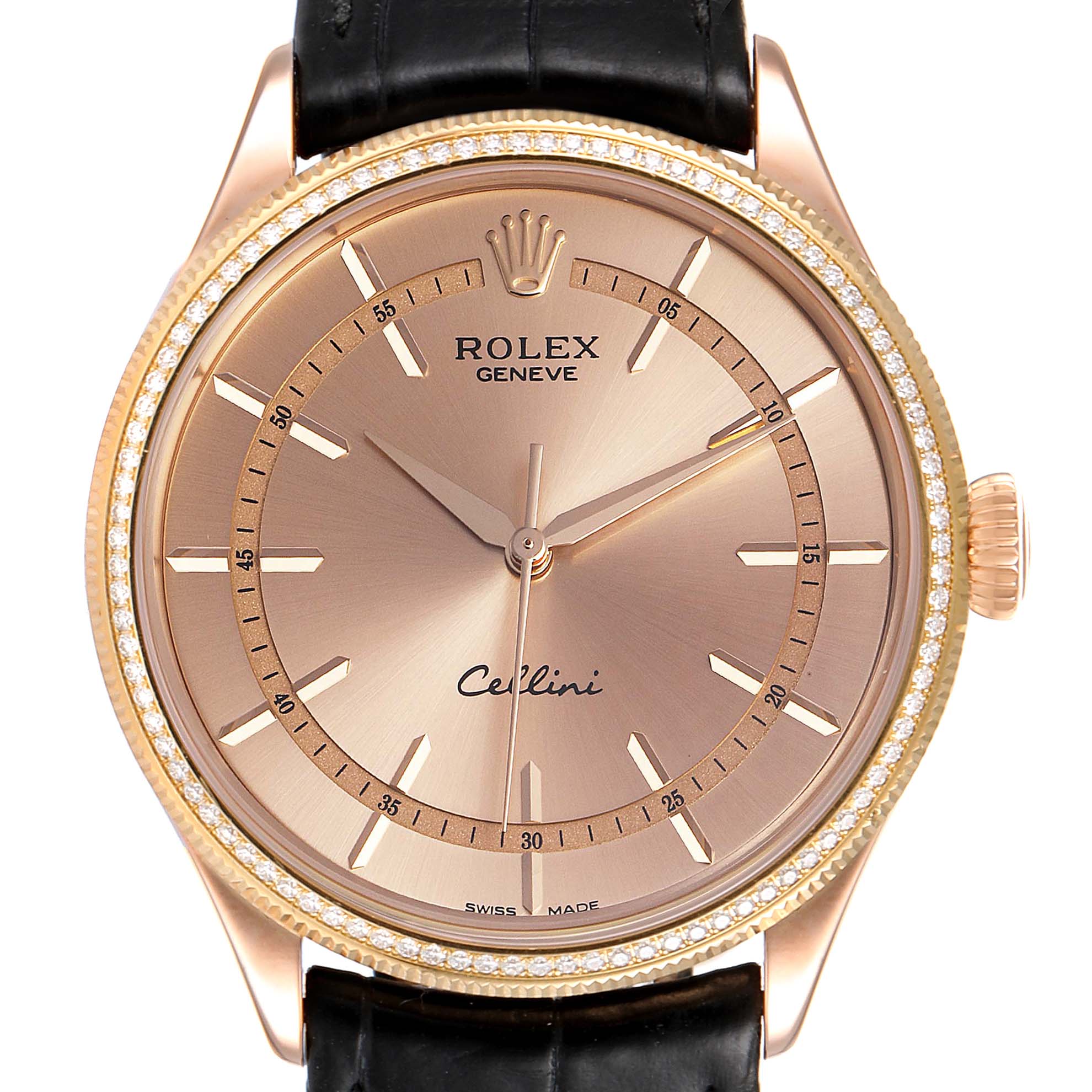 This image shows a frontal view of a Rolex Cellini 50705 Men's Rose Gold Pink Dial 50705 Men's Rose Gold Pink Dial watch, highlighting its dial, hands, indices, crown, and leather strap.