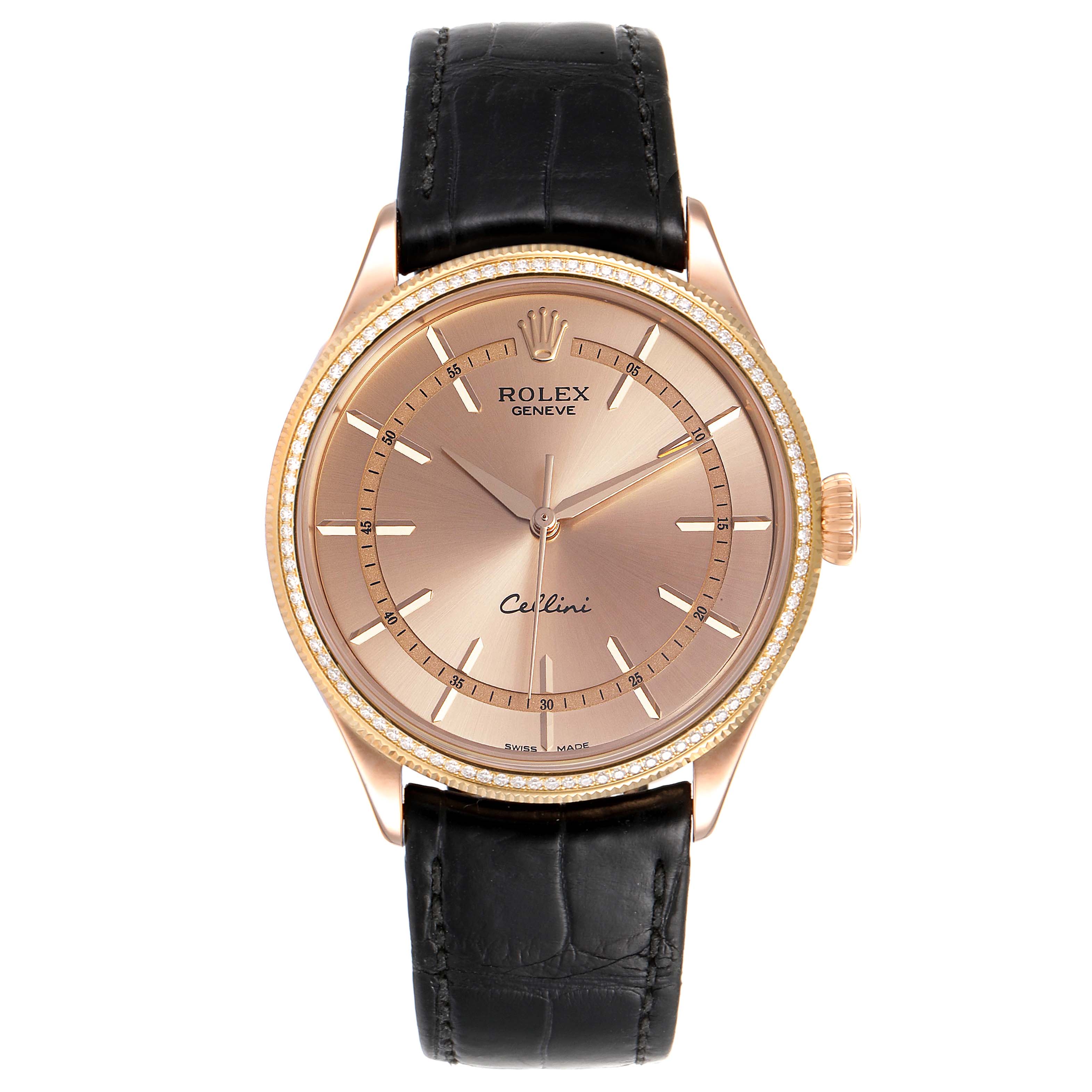 This is a front view of the Rolex Cellini 50705 Men's Rose Gold Pink Dial 50705 Men's Rose Gold Pink Dial watch, showcasing the dial, hands, bezel, crown, and leather strap.