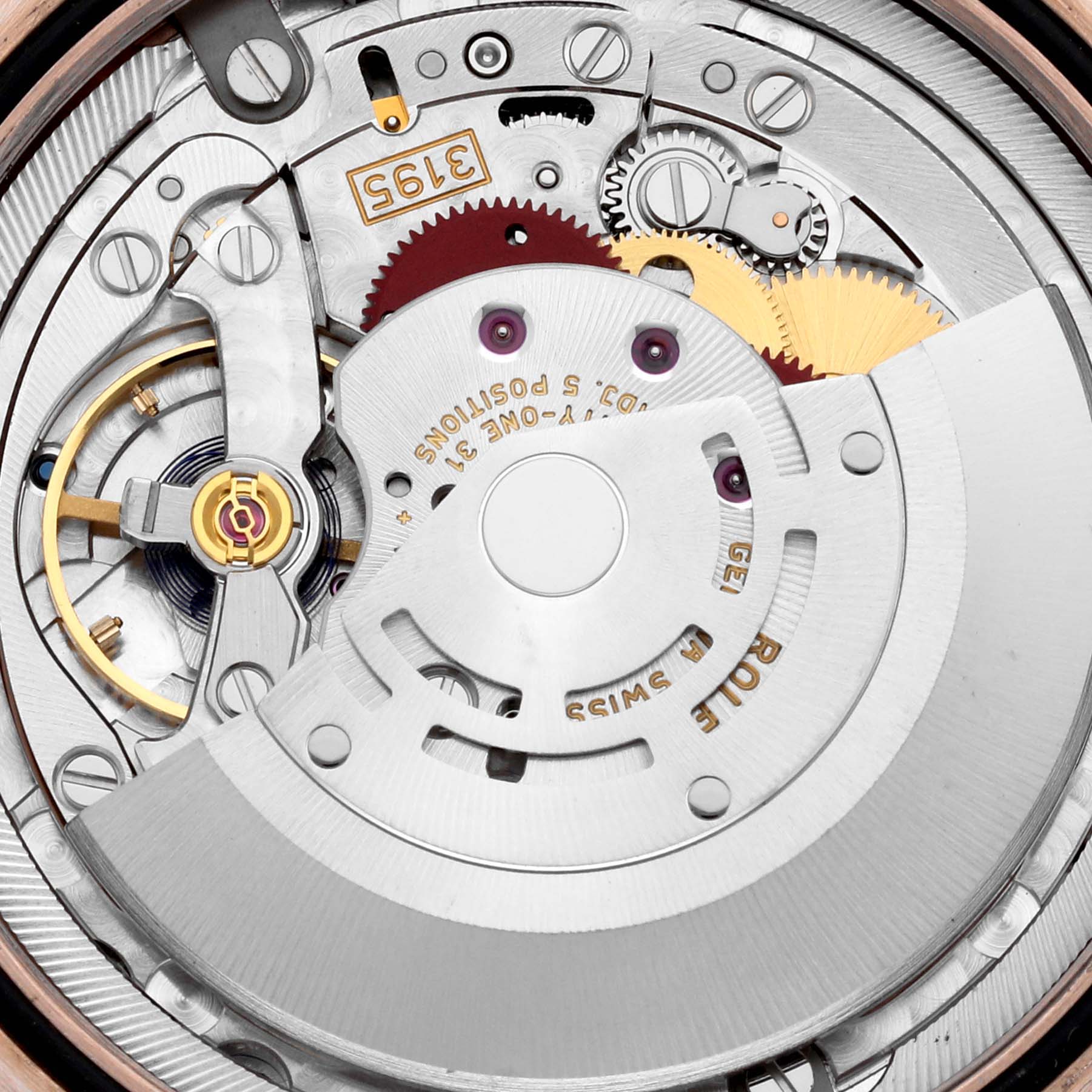 This image shows the intricate internal mechanism and gears of a Rolex Cellini 50535 Men's Rose Gold White Dial 50535 Men's Rose Gold White Dial watch from a close-up angle.