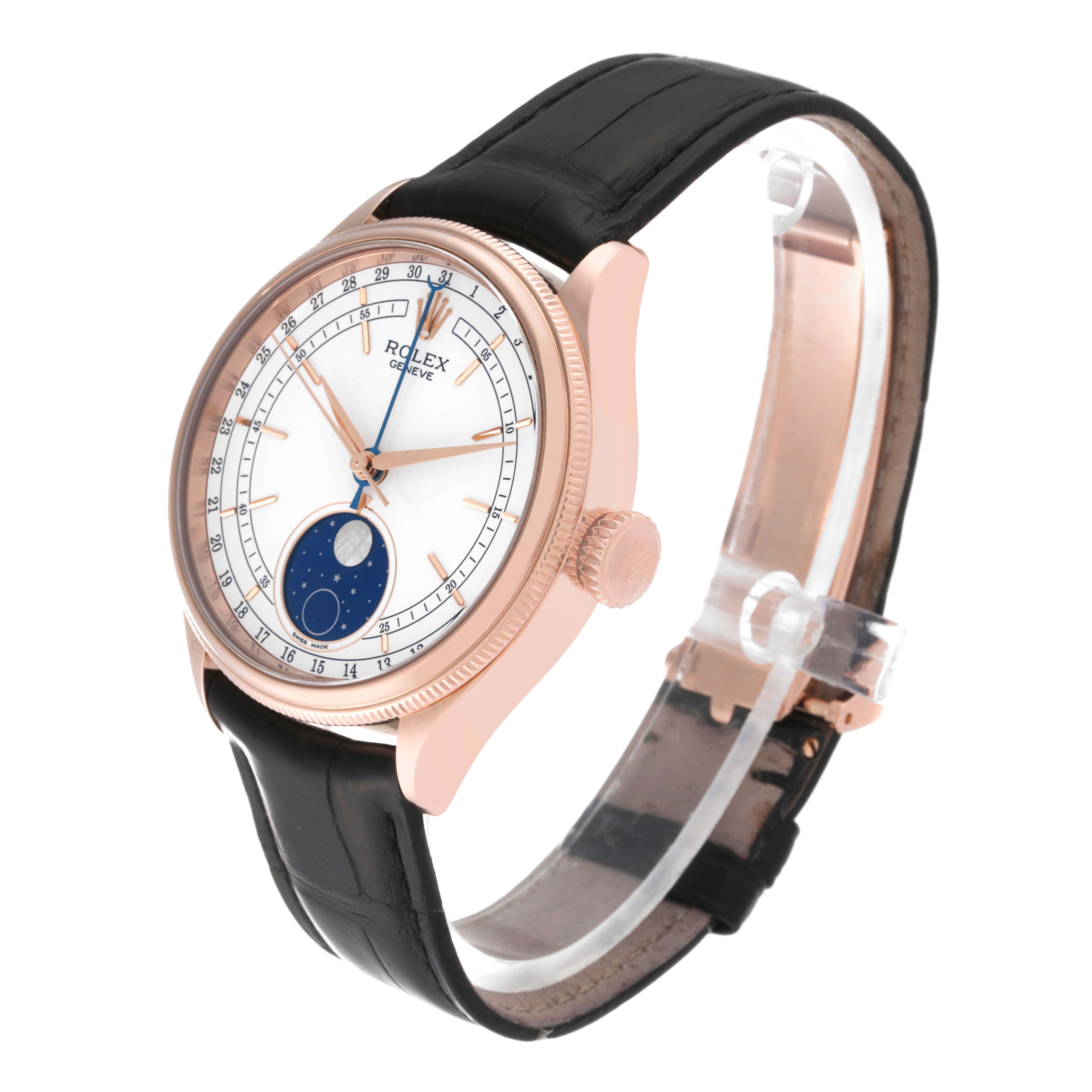 The Rolex Cellini 50535 Men's Rose Gold White Dial 50535 Men's Rose Gold White Dial watch is shown at a three-quarter angle, highlighting the face, crown, and leather strap.