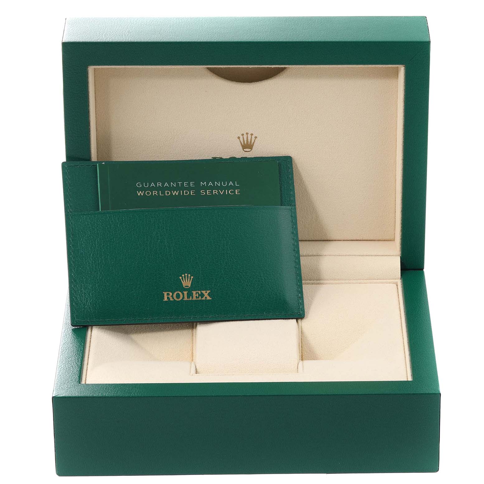 The image shows a green Rolex Cellini 50535 Men's Rose Gold White Dial 50535 Men's Rose Gold White Dial watch box with an open lid, revealing the interior and the guarantee manual.