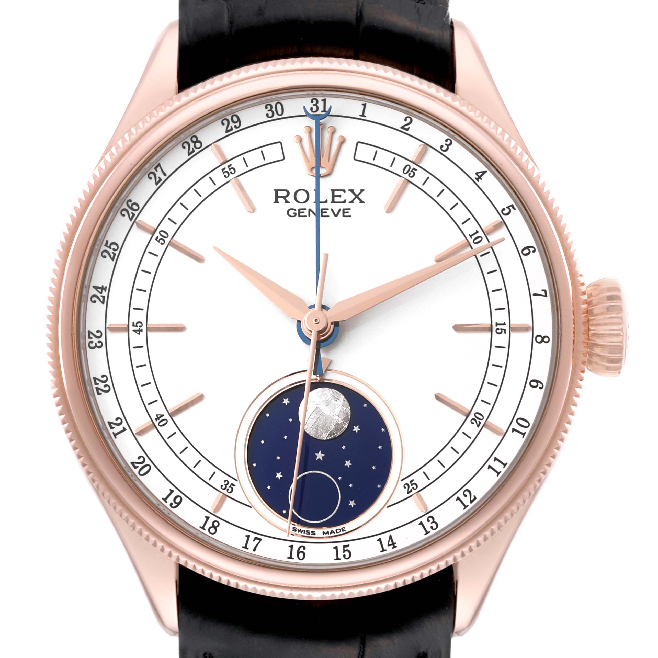 The image shows a front view of the Rolex Cellini 50535 Men's Rose Gold White Dial 50535 Men's Rose Gold White Dial watch, showcasing its dial, hands, crown, and moonphase sub-dial.