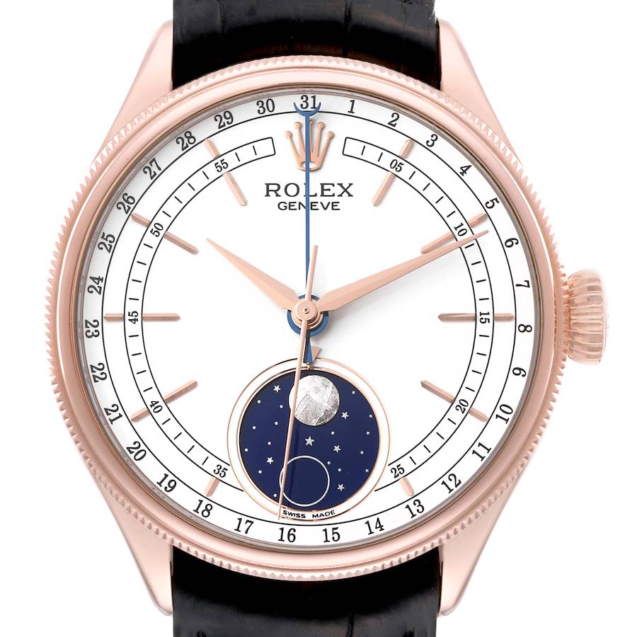 The image shows a front view of the Rolex Cellini watch, showcasing its dial, hands, crown, and moonphase sub-dial.