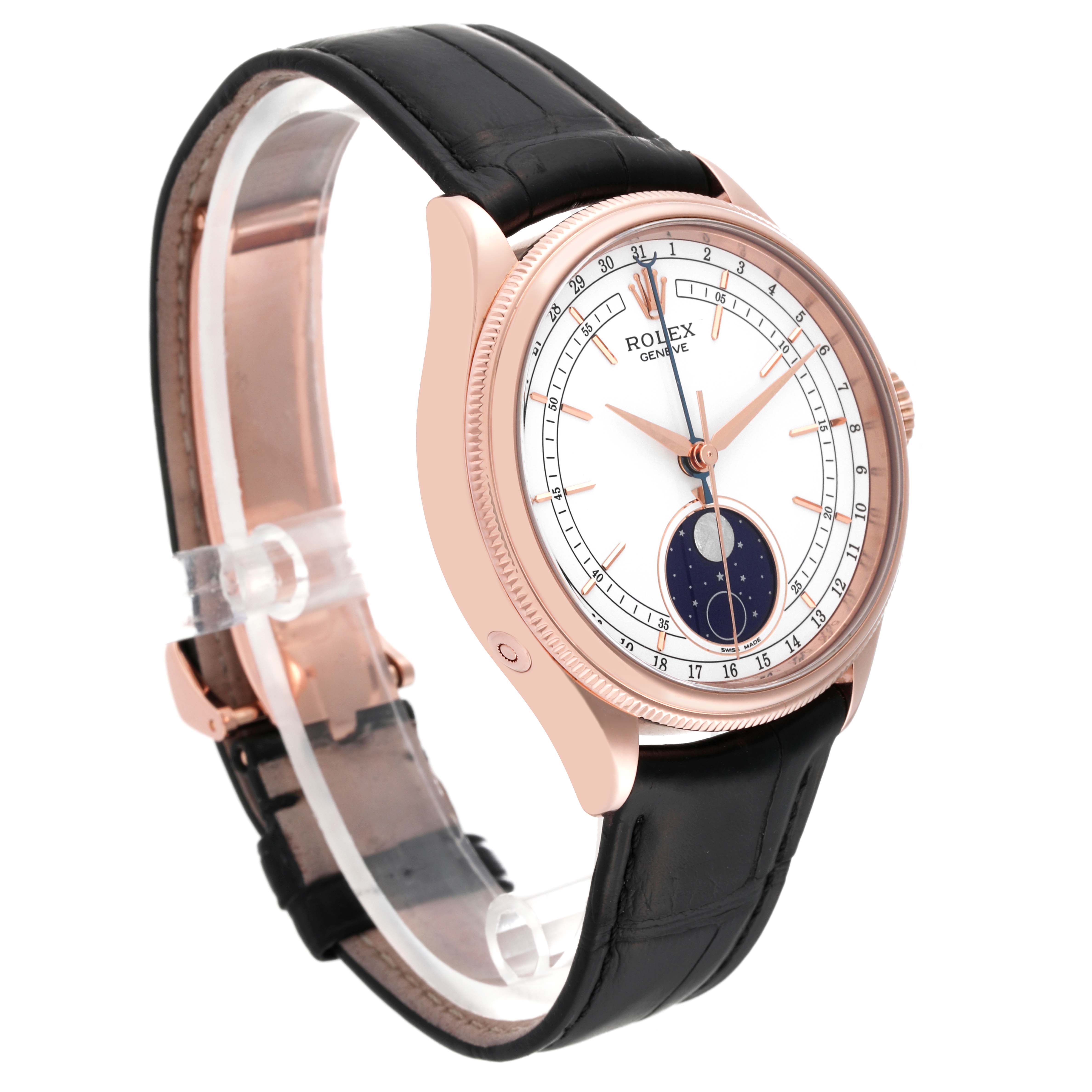 The image shows a side angle of the Rolex Cellini 50535 Men's Rose Gold White Dial 50535 Men's Rose Gold White Dial watch, highlighting its face, case, and black leather strap.