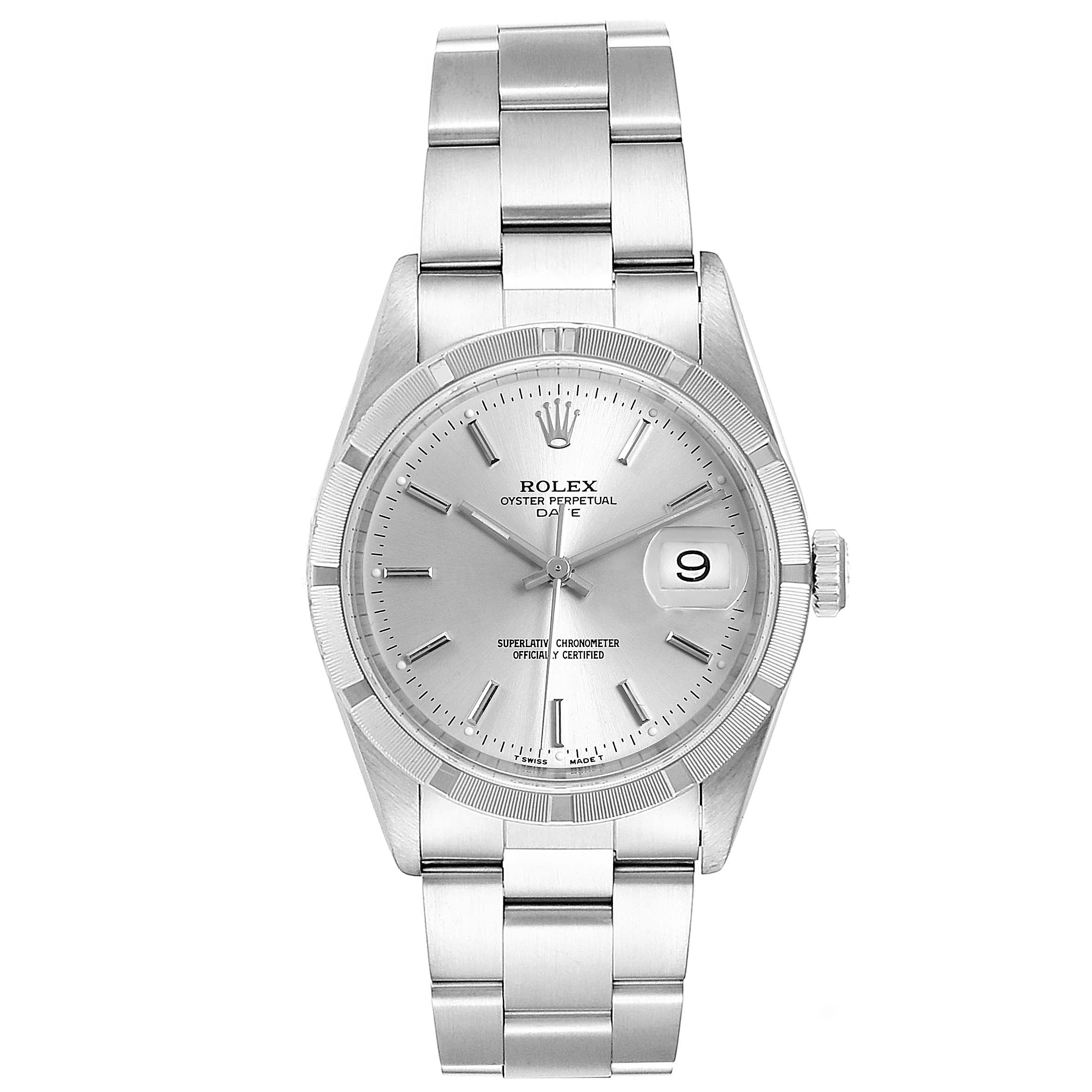 This is a front view of the Rolex Datejust 15210 Men's Stainless Steel Silver Dial 15210 Men's Stainless Steel Silver Dial model, showing the dial, bezel, bracelet, and crown.