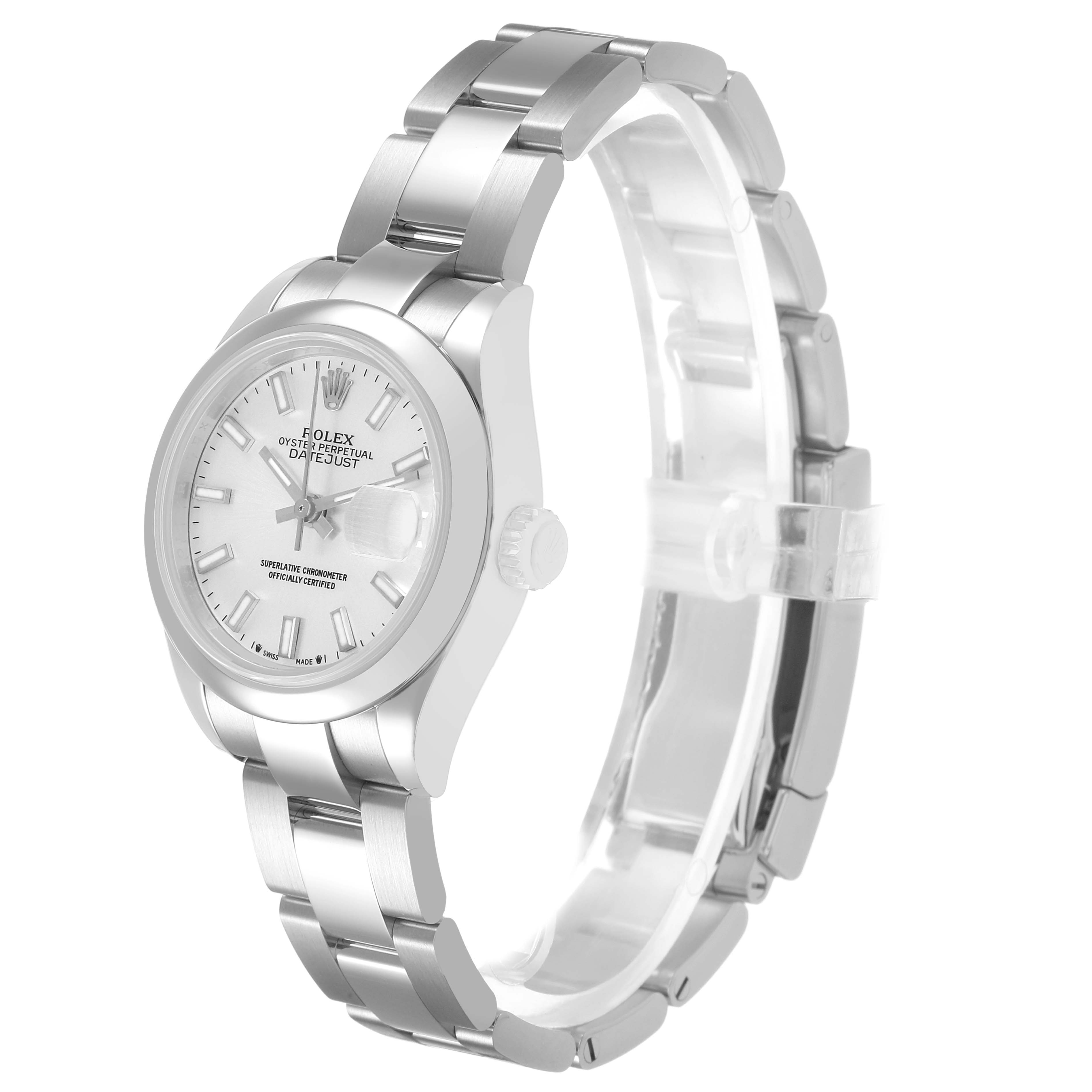 The Rolex Datejust 279160 Women's Stainless Steel Silver Dial watch is shown at a side angle, highlighting the dial, bracelet, and crown.