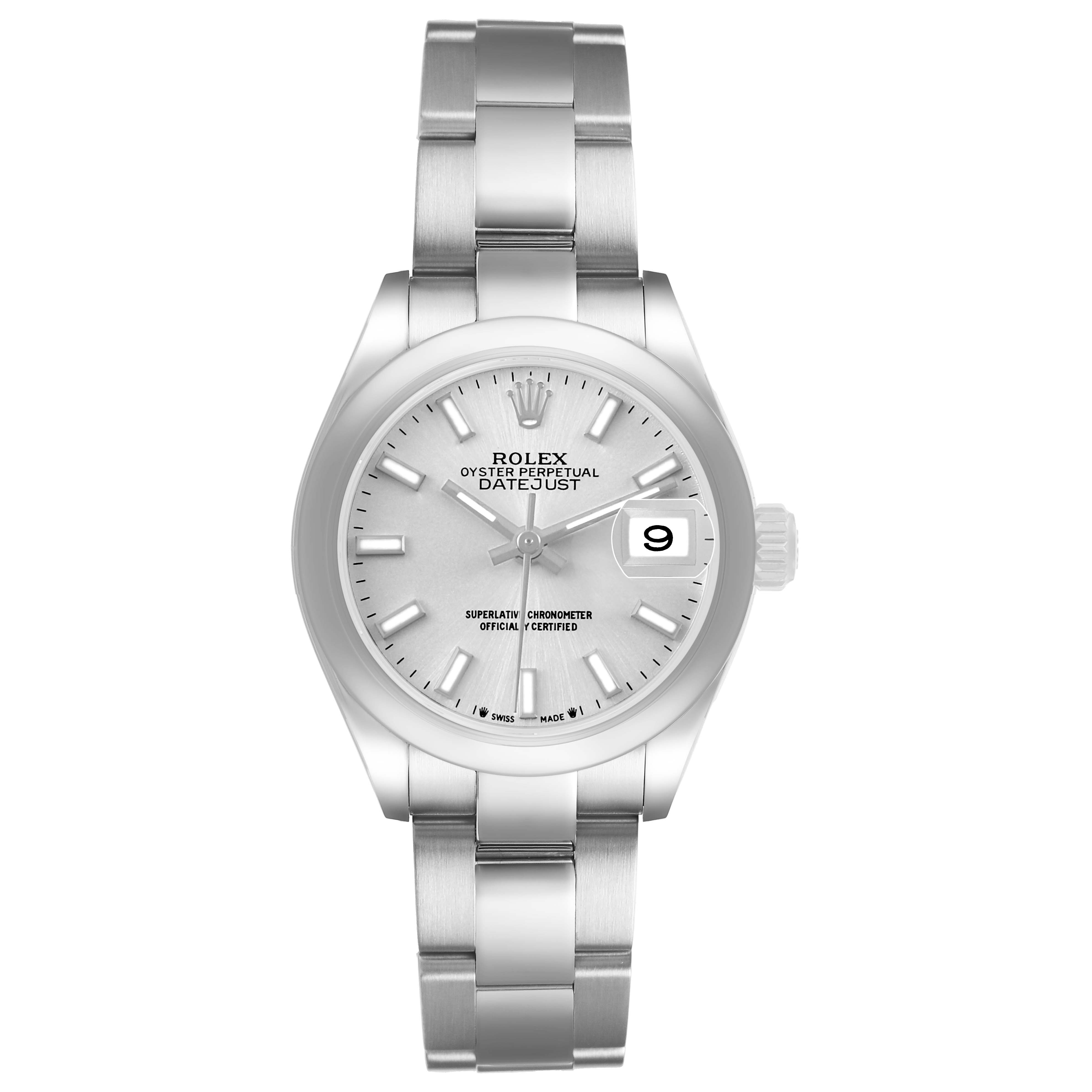This Rolex Datejust 279160 Women's Stainless Steel Silver Dial watch is shown from a top view, displaying the dial, hands, date window, and bracelet.