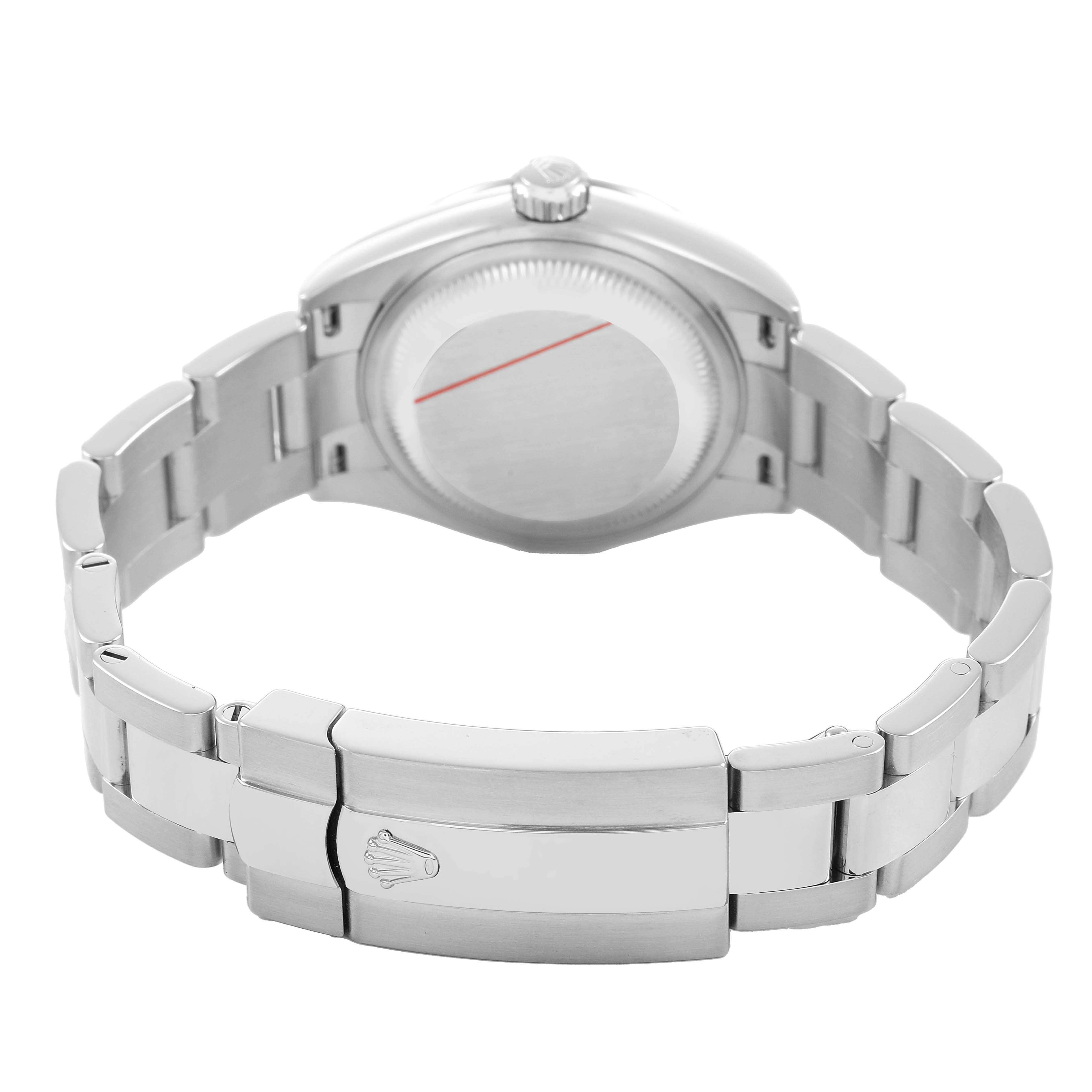 The image shows the back and bracelet of a Rolex Datejust 279160 Women's Stainless Steel Silver Dial, focusing on the clasp and case back.
