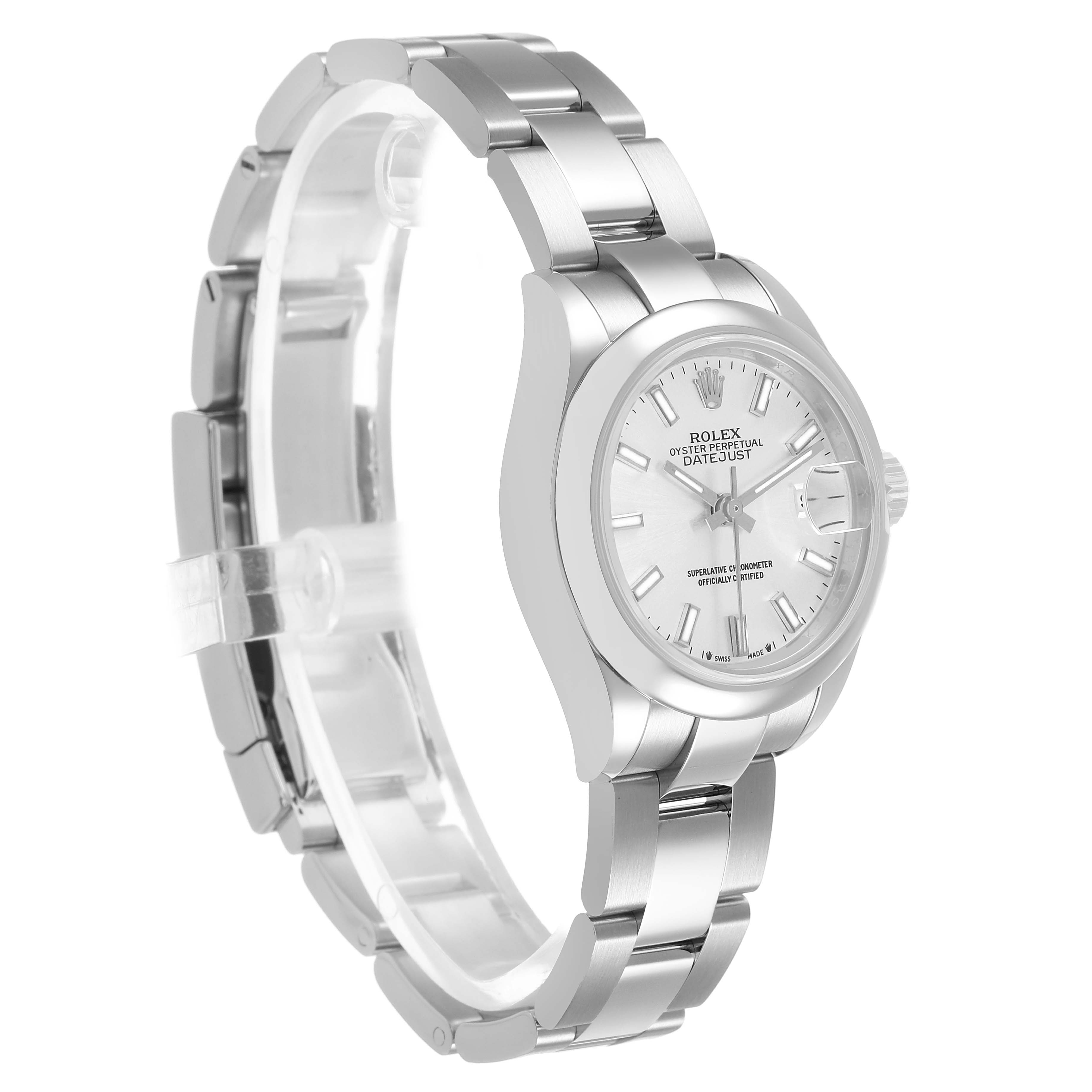This Rolex Datejust 279160 Women's Stainless Steel Silver Dial watch is shown at a three-quarter angle, displaying the dial, bezel, and bracelet.