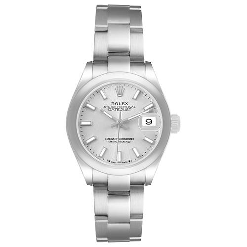 The Rolex Datejust 279160 Women's Stainless Steel Silver Dial watch is shown from a front angle, displaying the face, bezel, bracelet, and cyclops lens over the date.