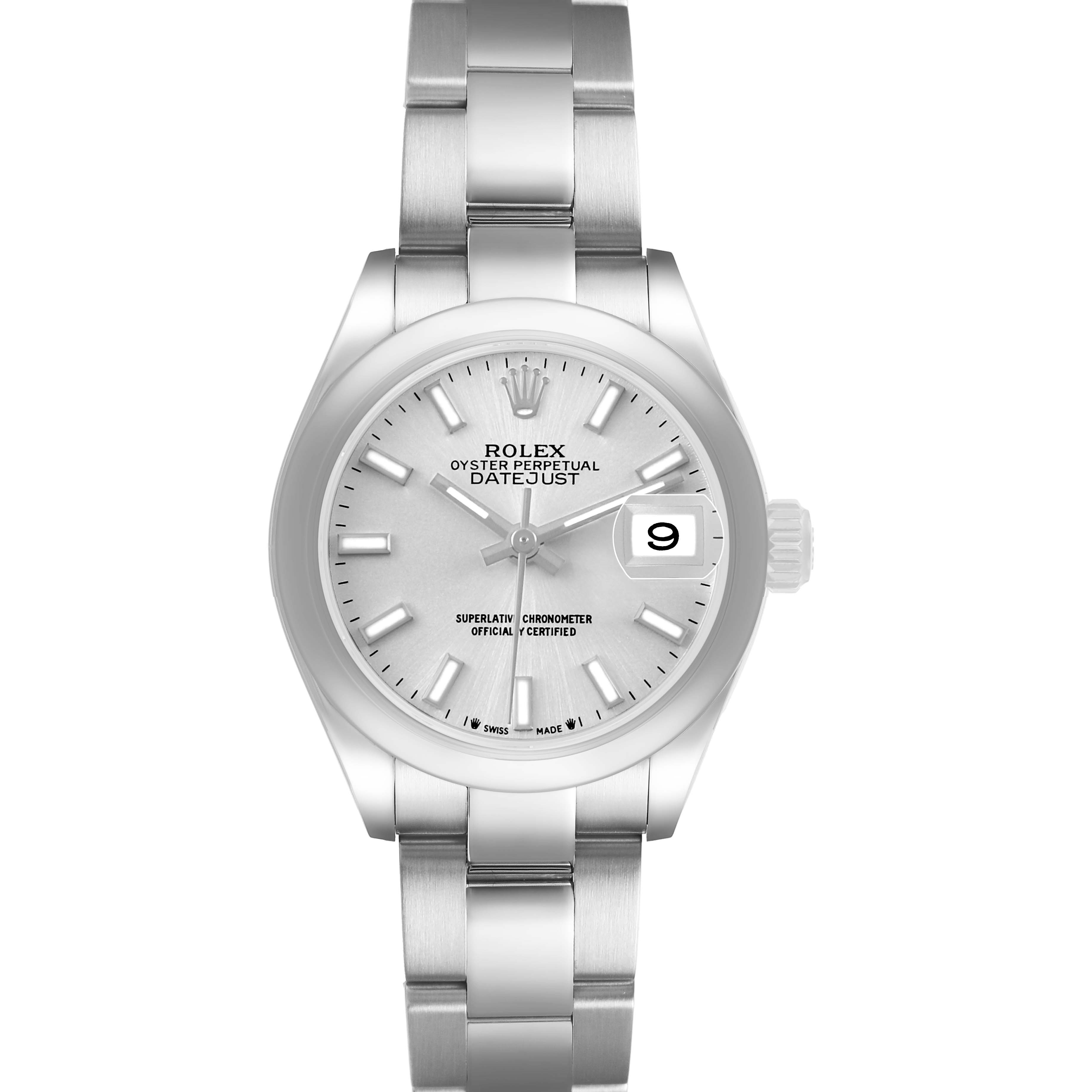 The Rolex Datejust 279160 Women's Stainless Steel Silver Dial watch is shown from a front angle displaying the dial, bracelet, and date window.