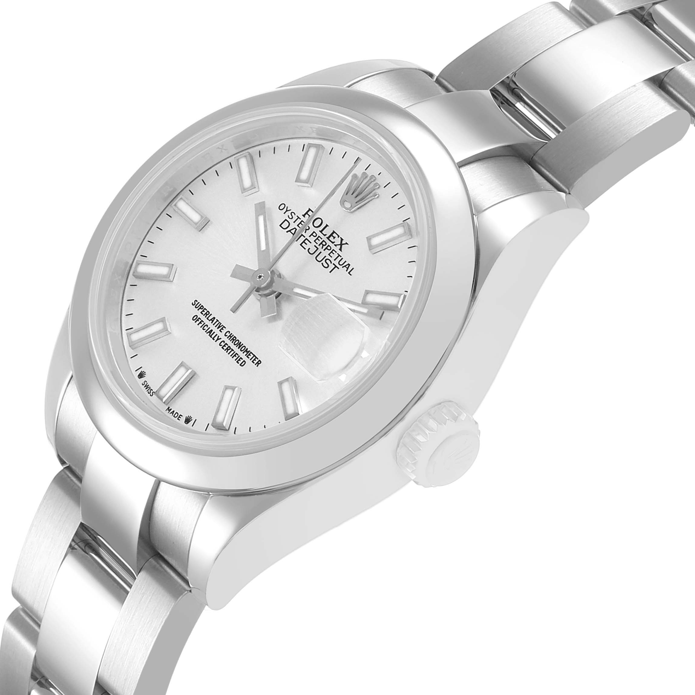 The Rolex Datejust 279160 Women's Stainless Steel Silver Dial watch is shown at a slight angle, highlighting the face, bezel, crown, and part of the bracelet.