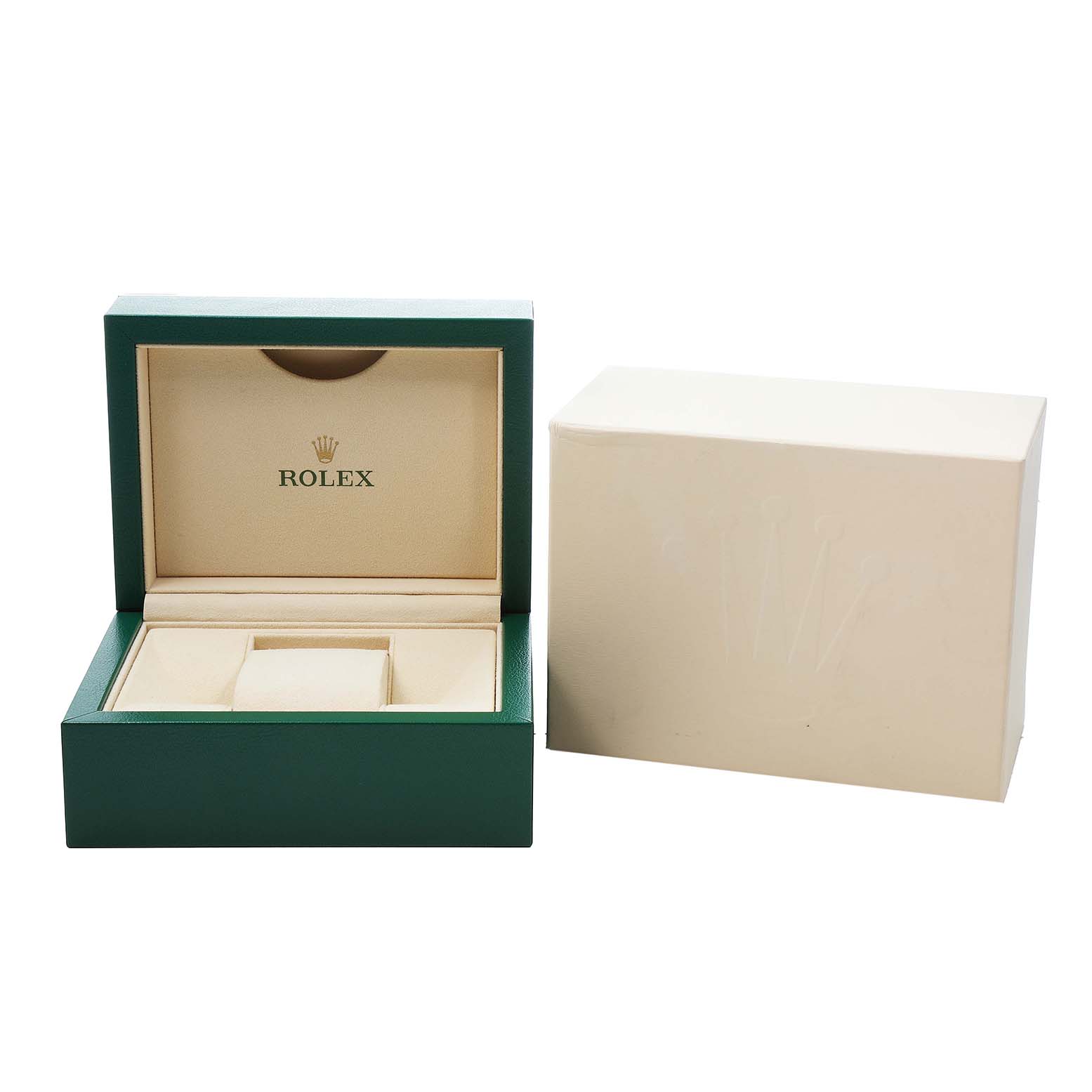 The image shows an open Rolex Datejust 279160 Women's Stainless Steel Silver Dial box from the front-angle alongside a closed outer box.