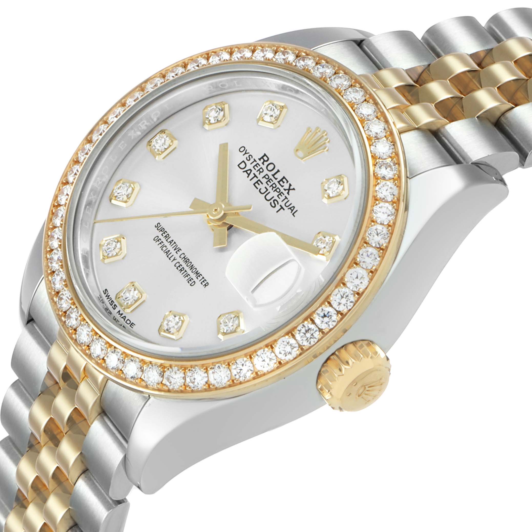The Rolex Datejust 279383 Women's Stainless Steel Silver Dial watch is shown at a tilted angle, highlighting the diamond bezel, dial, and two-tone bracelet.