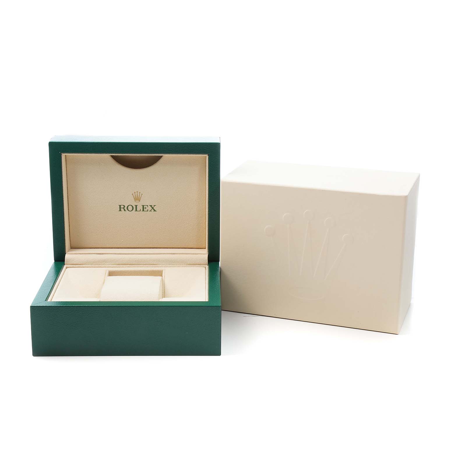 The image shows a Rolex Datejust 279383 Women's Stainless Steel Silver Dial watch box open, revealing the interior, alongside a closed outer box.