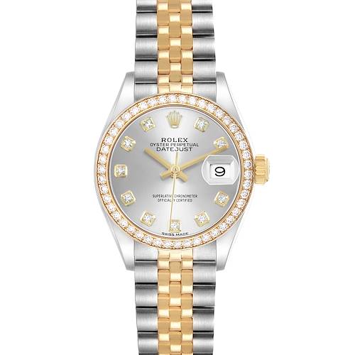 The image shows a frontal view of the Rolex Datejust 279383 Women's Stainless Steel Silver Dial watch, highlighting the dial, bezel, bracelet, and date window.