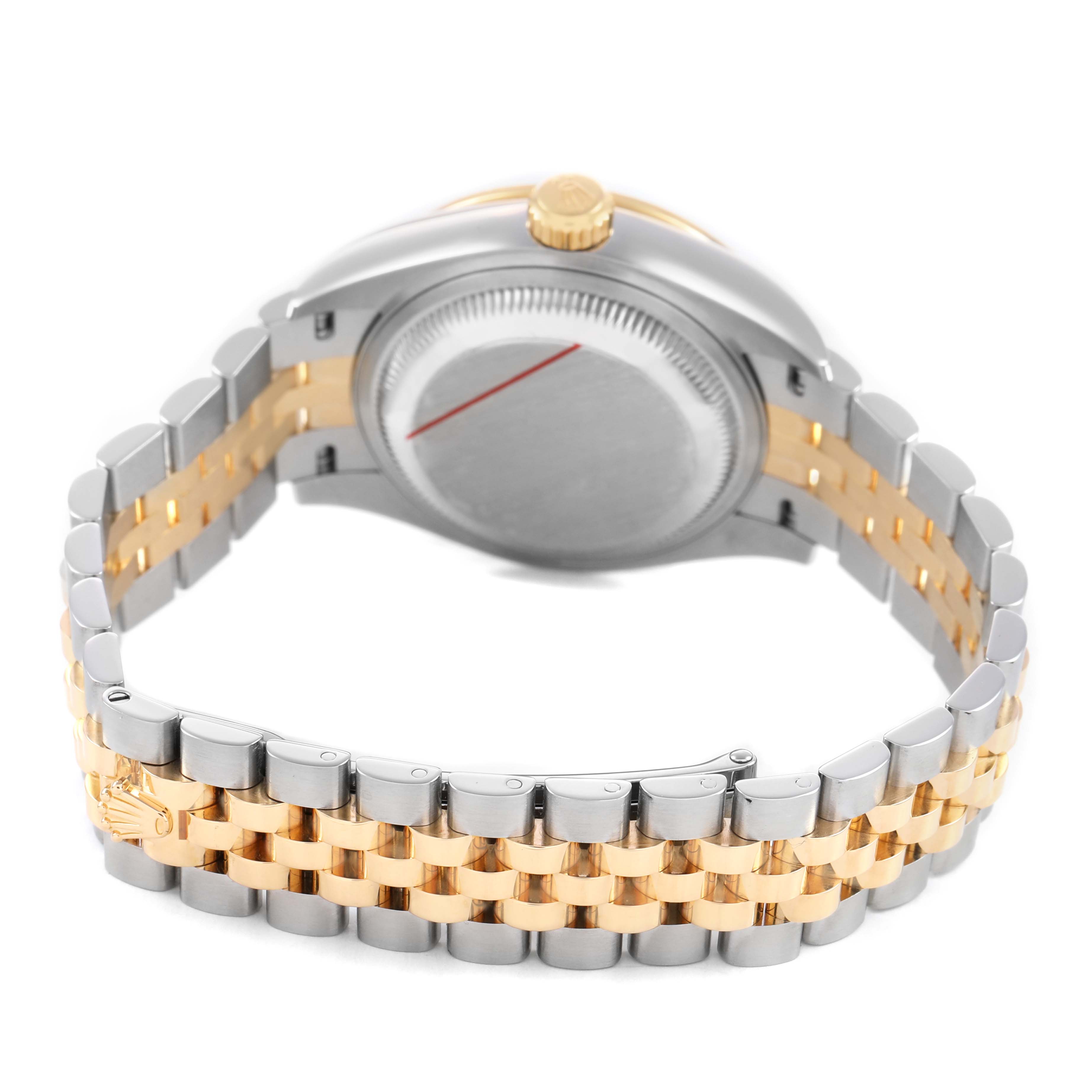 The image shows the back case, crown, and two-tone bracelet of a Rolex Datejust 279383 Women's Stainless Steel Silver Dial watch at a rear angle.