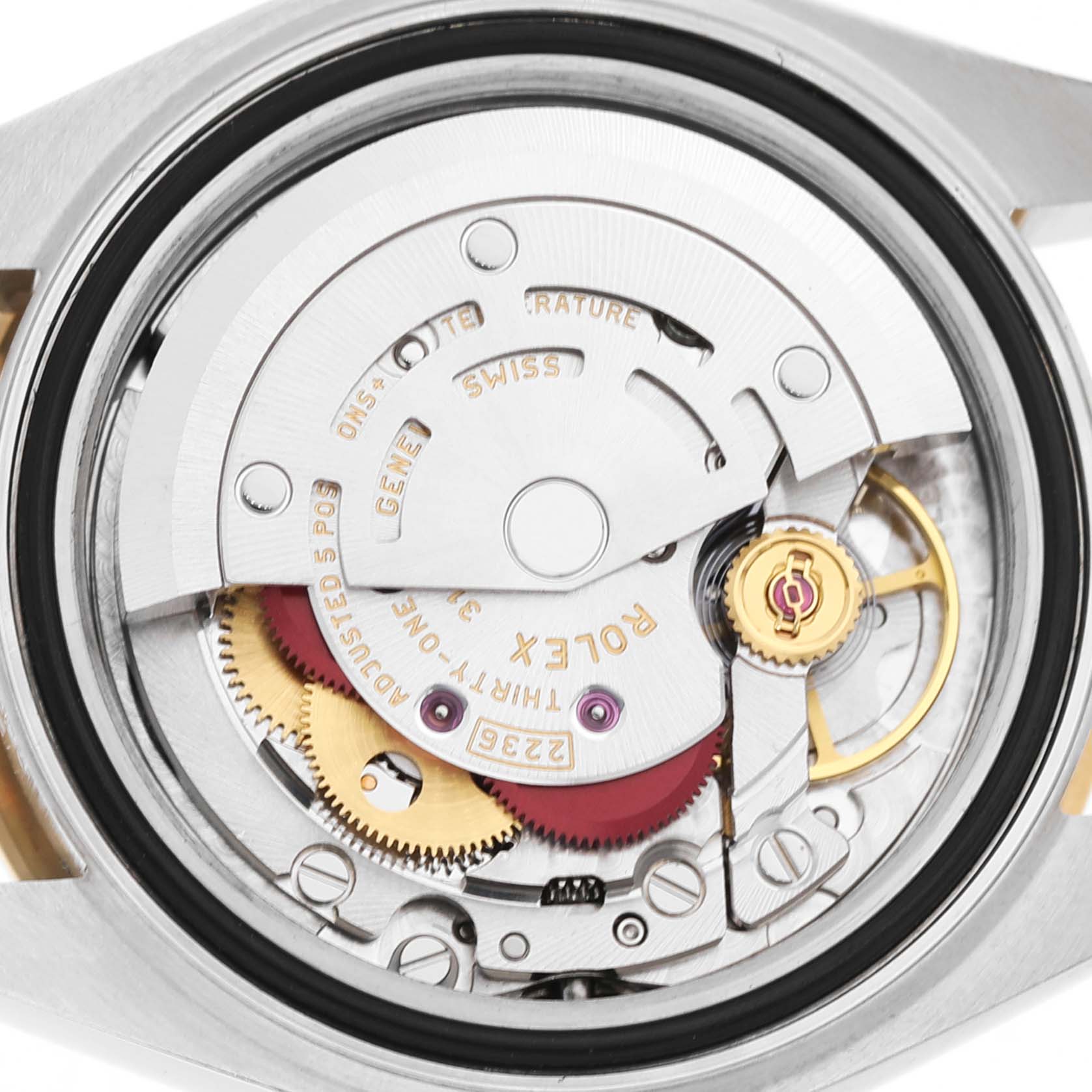 The image shows the movement and internal mechanisms of a Rolex Datejust 279383 Women's Stainless Steel Silver Dial watch from a back view.