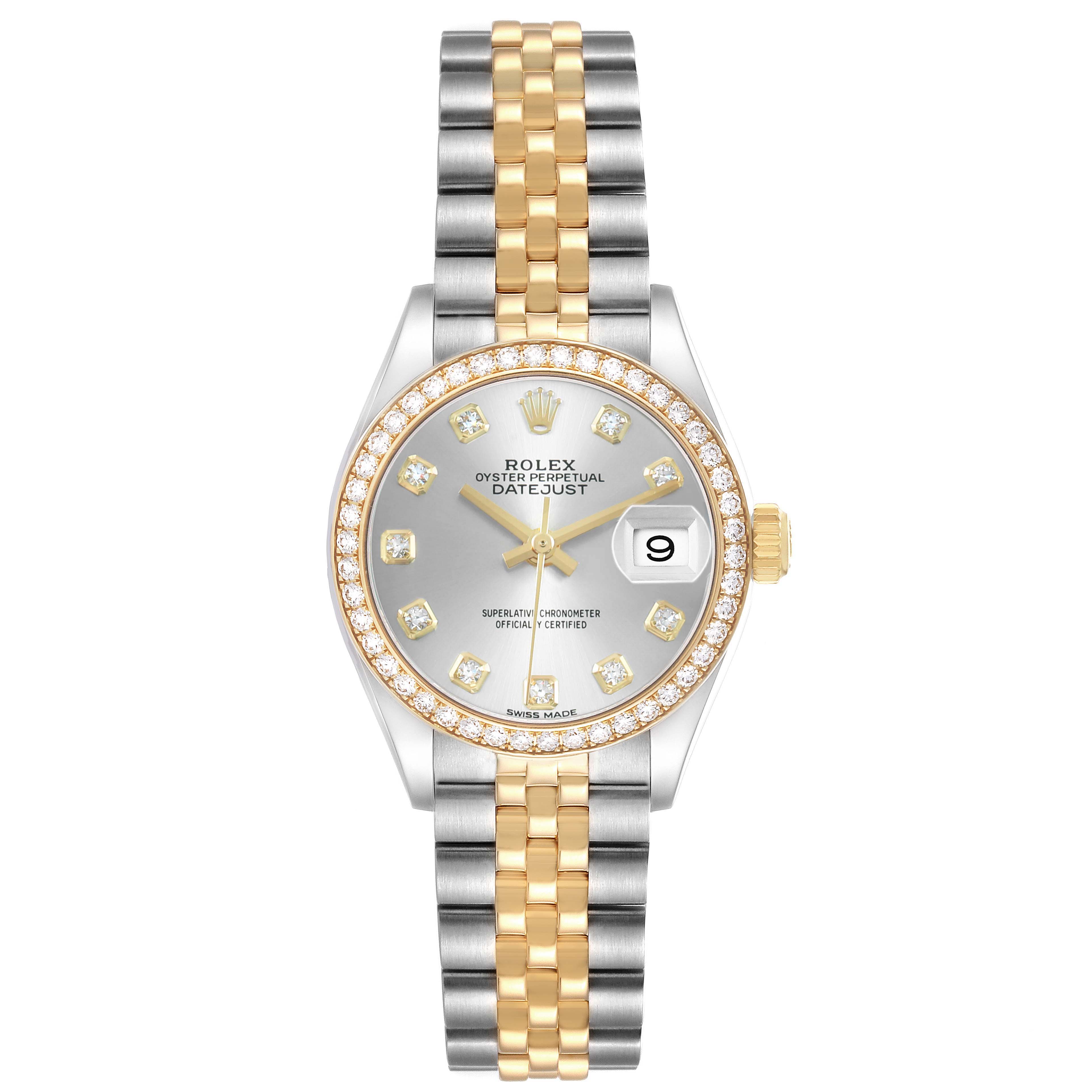 The Rolex Datejust 279383 Women's Stainless Steel Silver Dial watch is shown from the front, displaying the dial, bezel, case, and jubilee bracelet.