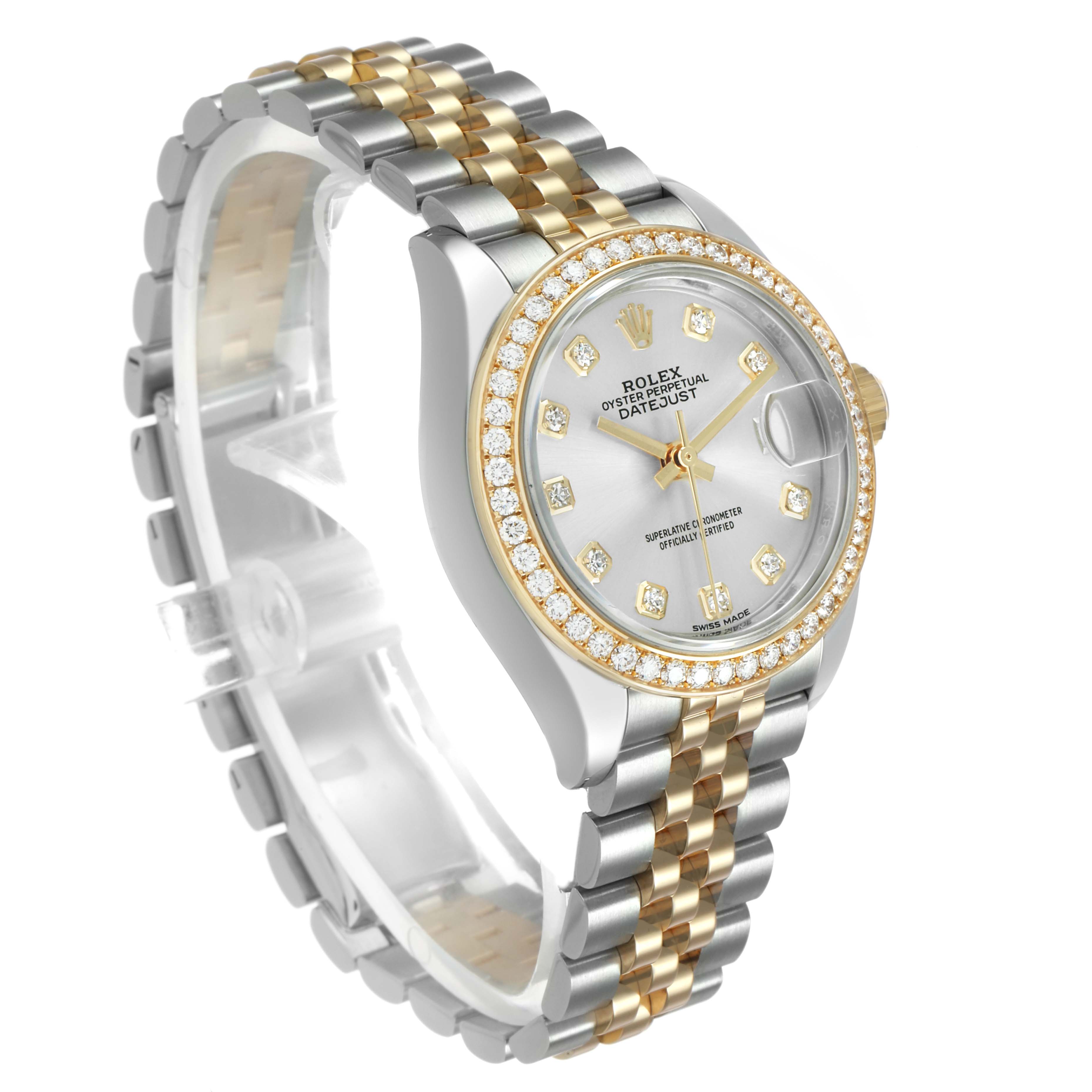 The Rolex Datejust 279383 Women's Stainless Steel Silver Dial watch is shown at a three-quarter angle, highlighting its bezel, dial, and two-tone bracelet.