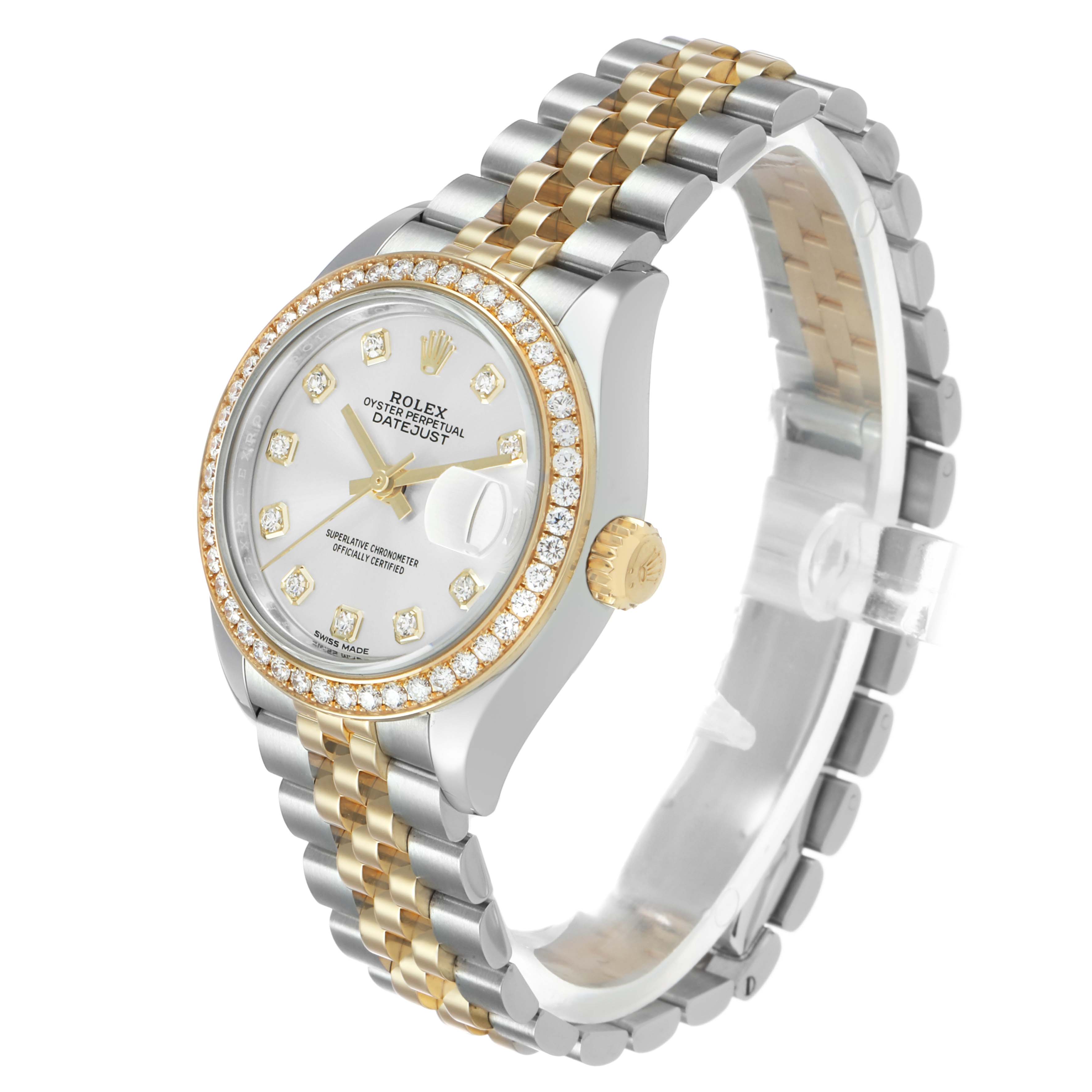 The Rolex Datejust 279383 Women's Stainless Steel Silver Dial watch is shown at a three-quarter angle, displaying the face, diamond bezel, and two-tone bracelet.