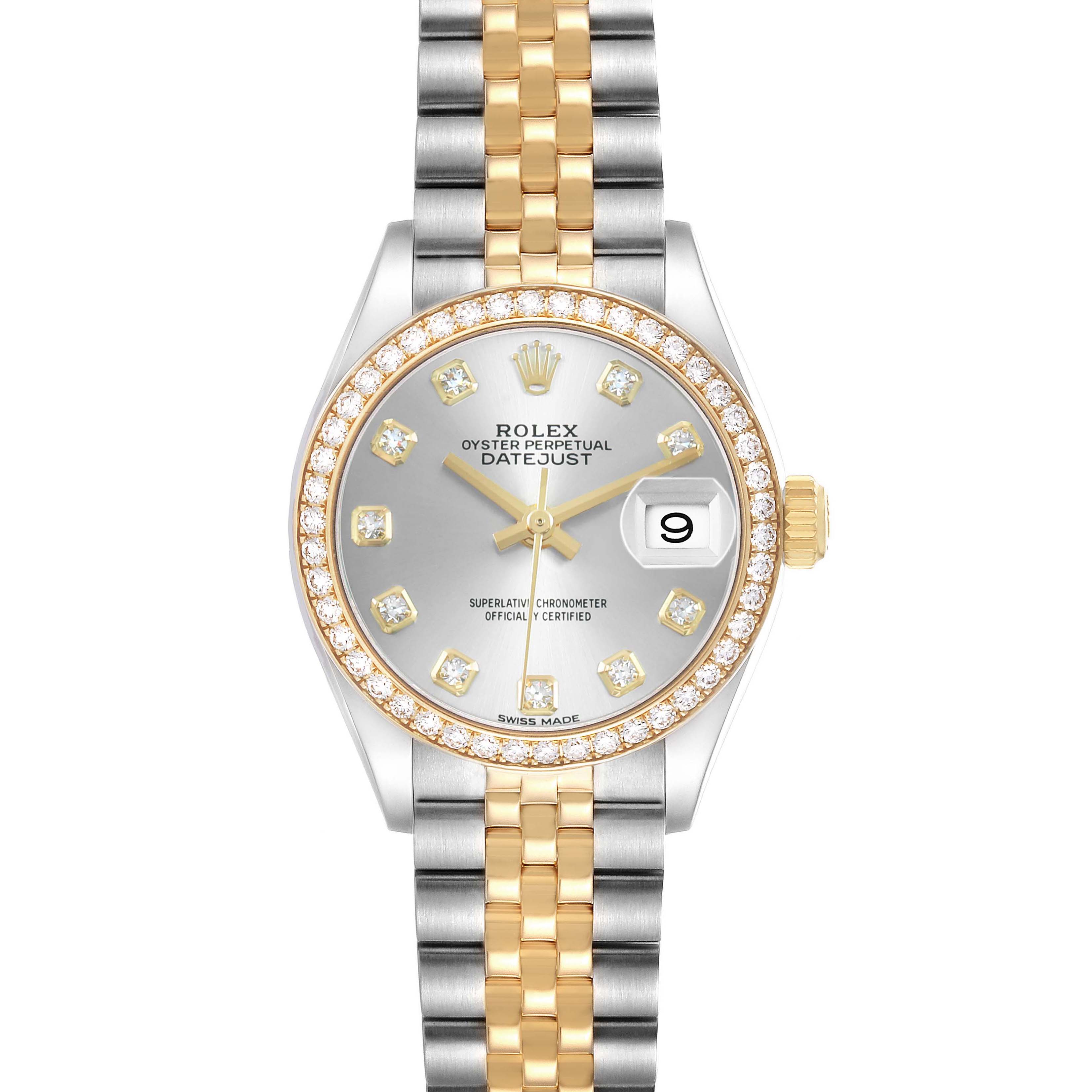 The Rolex Datejust 279383 Women's Stainless Steel Silver Dial watch is shown from the front, displaying its gold and silver Jubilee bracelet, diamond bezel, and dial with date.