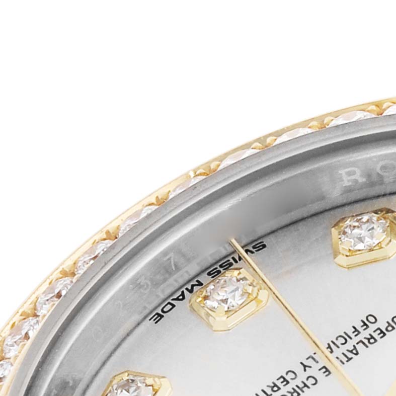 The image shows a close-up of the Rolex Datejust 279383 Women's Stainless Steel Silver Dial's bezel, dial edge, and diamond markers.