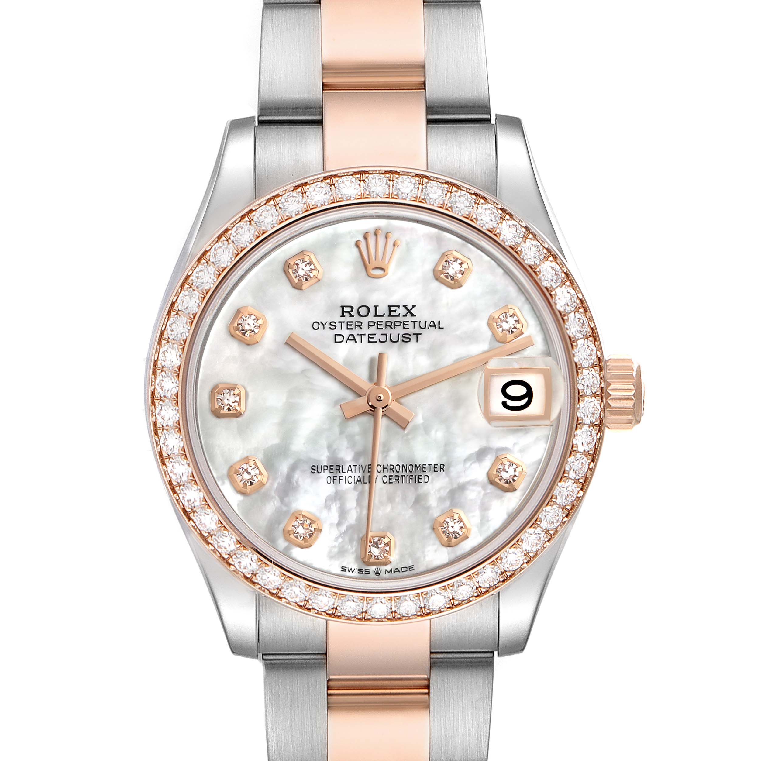 The Rolex Datejust is shown from a front angle, highlighting the dial, diamond bezel, hands, and bracelet.