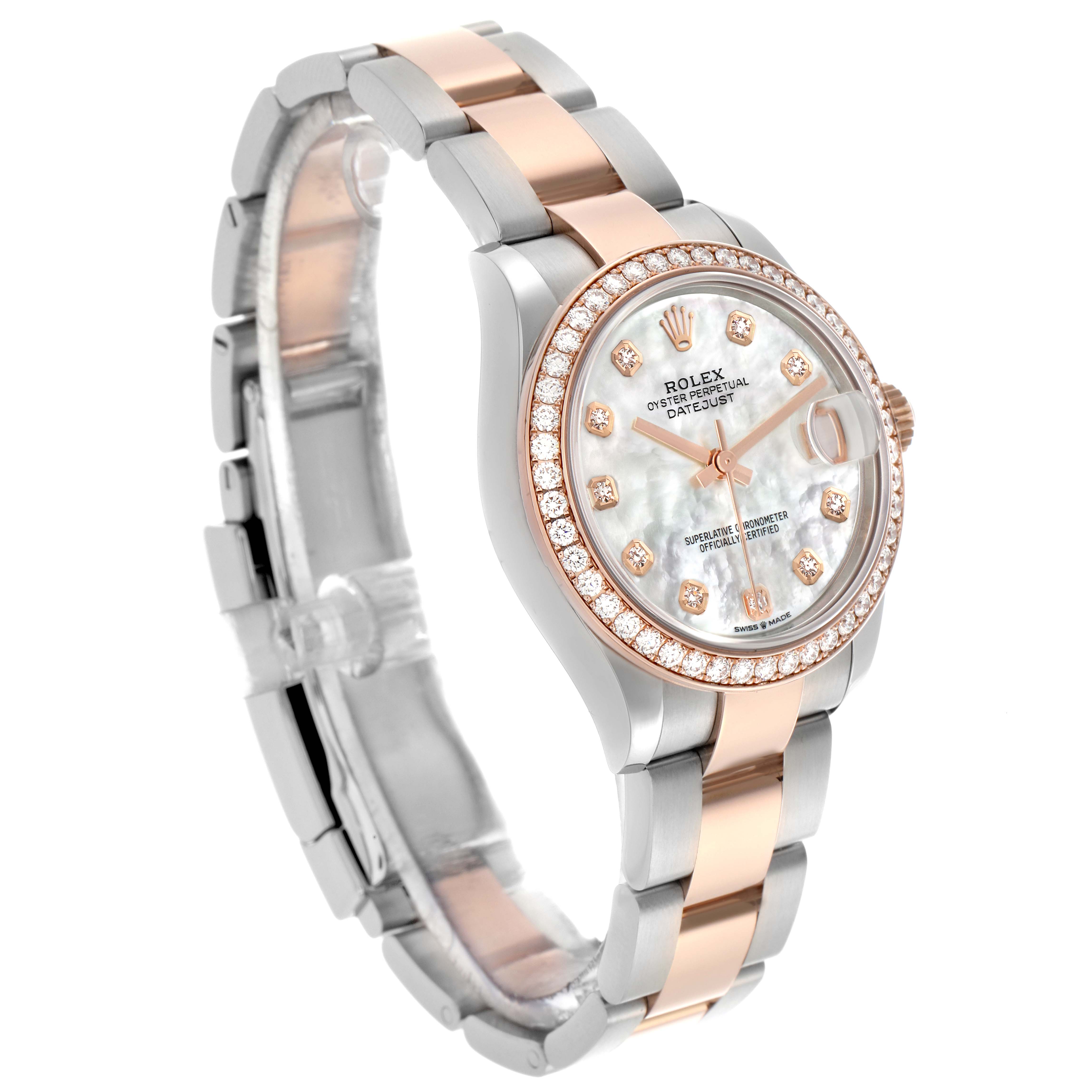 The Rolex Datejust watch is shown at a three-quarter angle, highlighting the bezel, face, and bracelet.