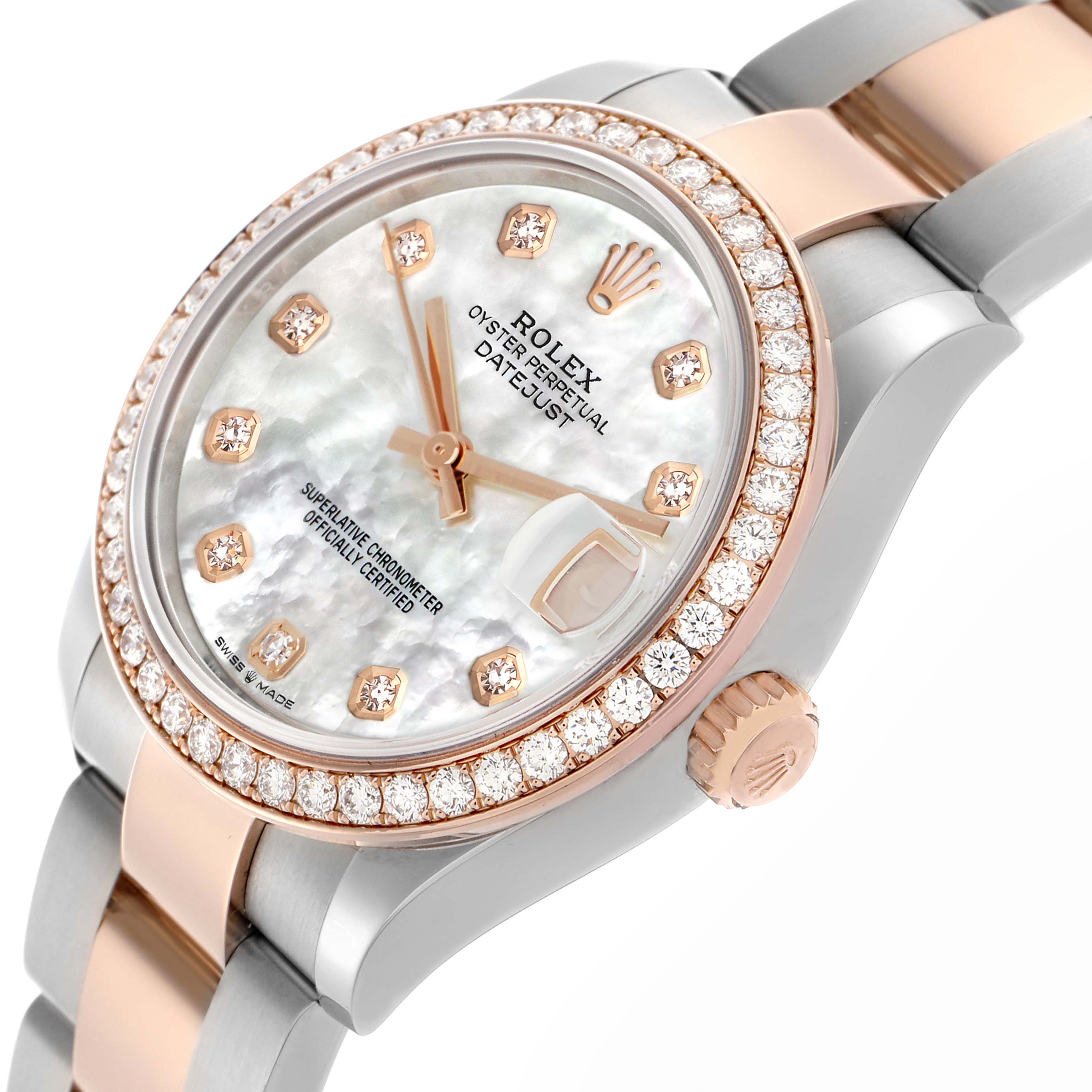 The Rolex Datejust watch is shown angled from the side, highlighting the face, bezel, crown, and bracelet.