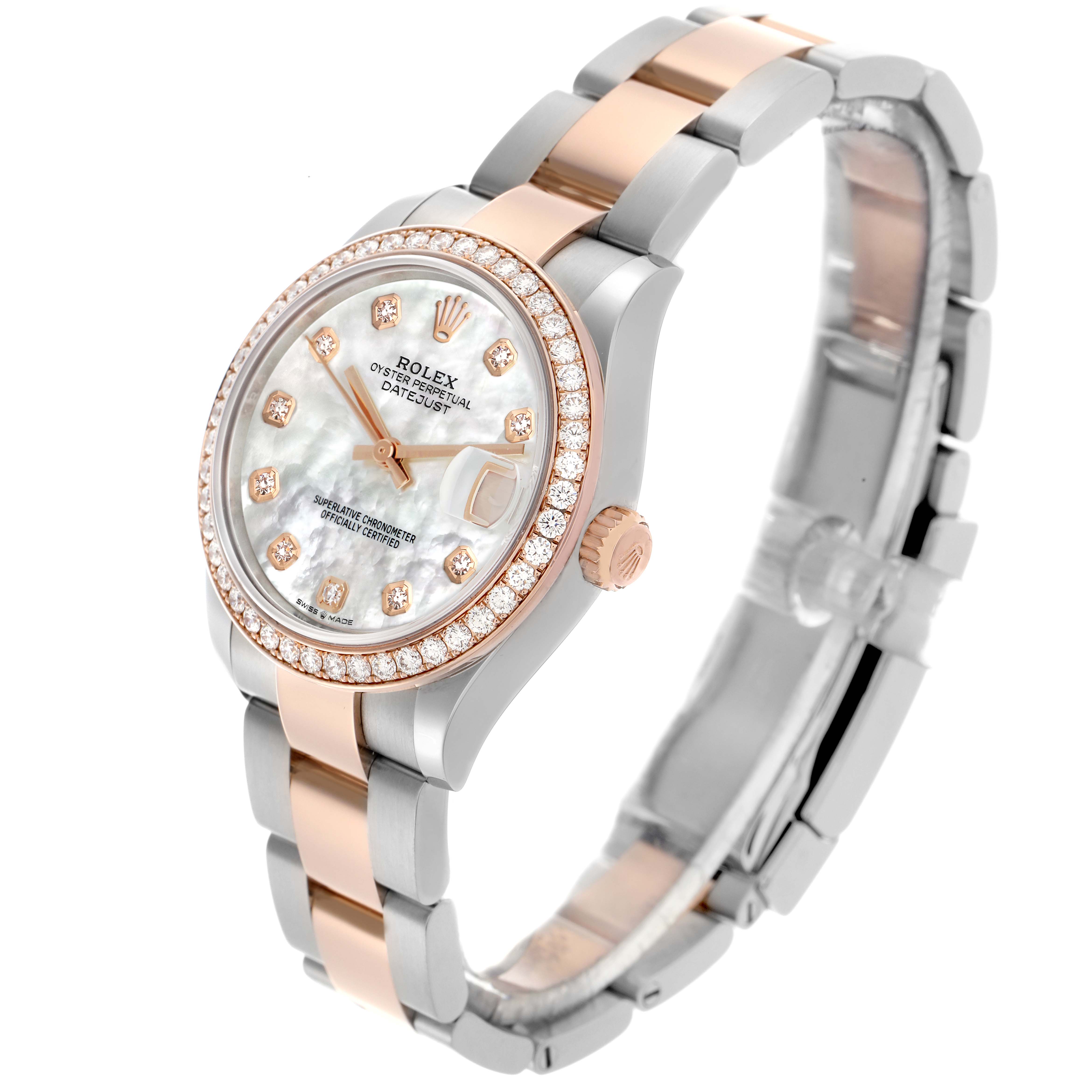 The Rolex Datejust is shown at a 3/4 angle, highlighting the face, bezel, and bracelet.