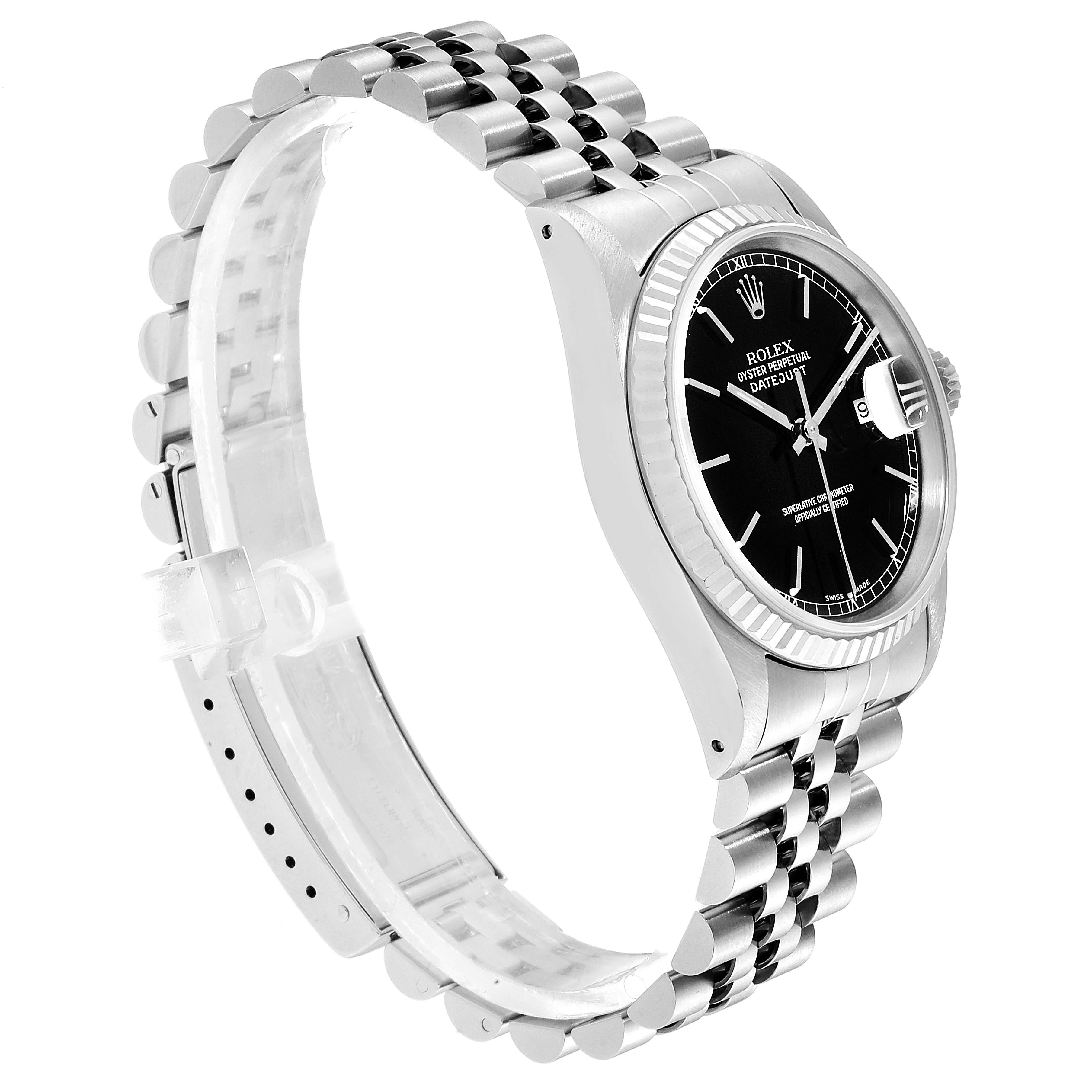 The image shows a side view of a Rolex Datejust 16234 Men's Stainless Steel Black Dial 16234 Men's Stainless Steel Black Dial watch, displaying the bracelet, case, and part of the dial.