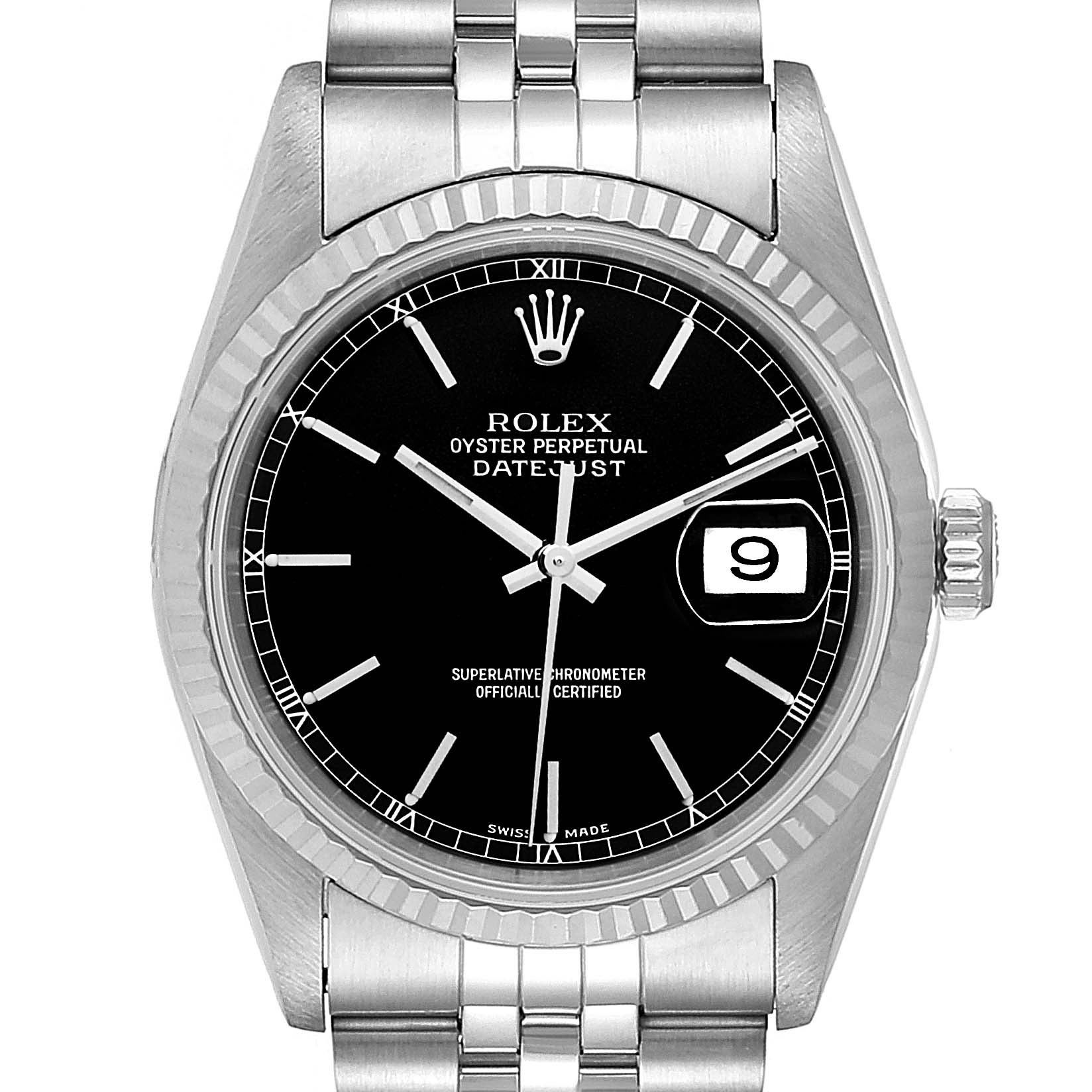 This image shows the face, bezel, and part of the bracelet of a Rolex Datejust 16234 Men's Stainless Steel Black Dial 16234 Men's Stainless Steel Black Dial watch, highlighting the date window at 3 o'clock.