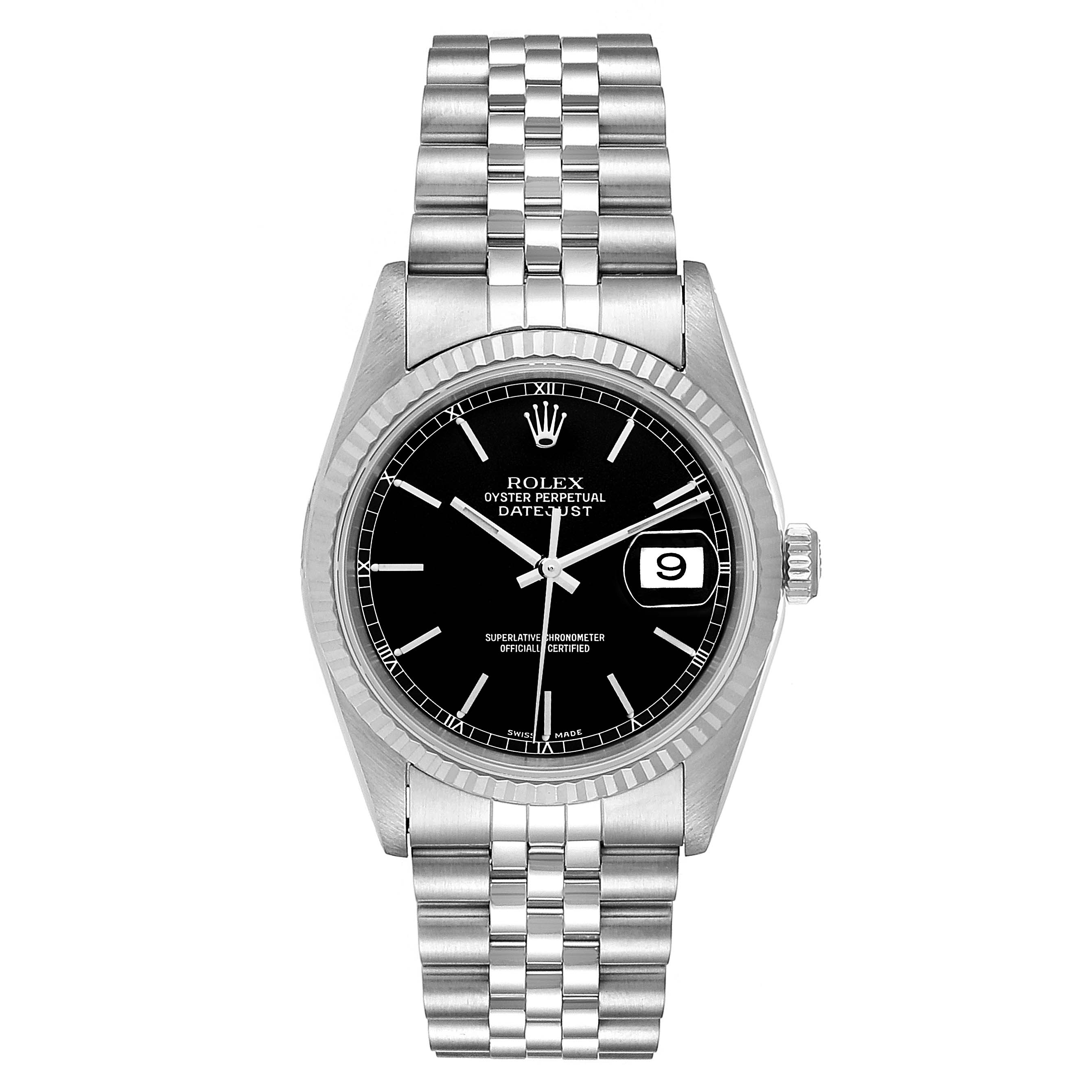 This image shows a Rolex Datejust 16234 Men's Stainless Steel Black Dial 16234 Men's Stainless Steel Black Dial watch from the front, highlighting its face, bezel, and bracelet.