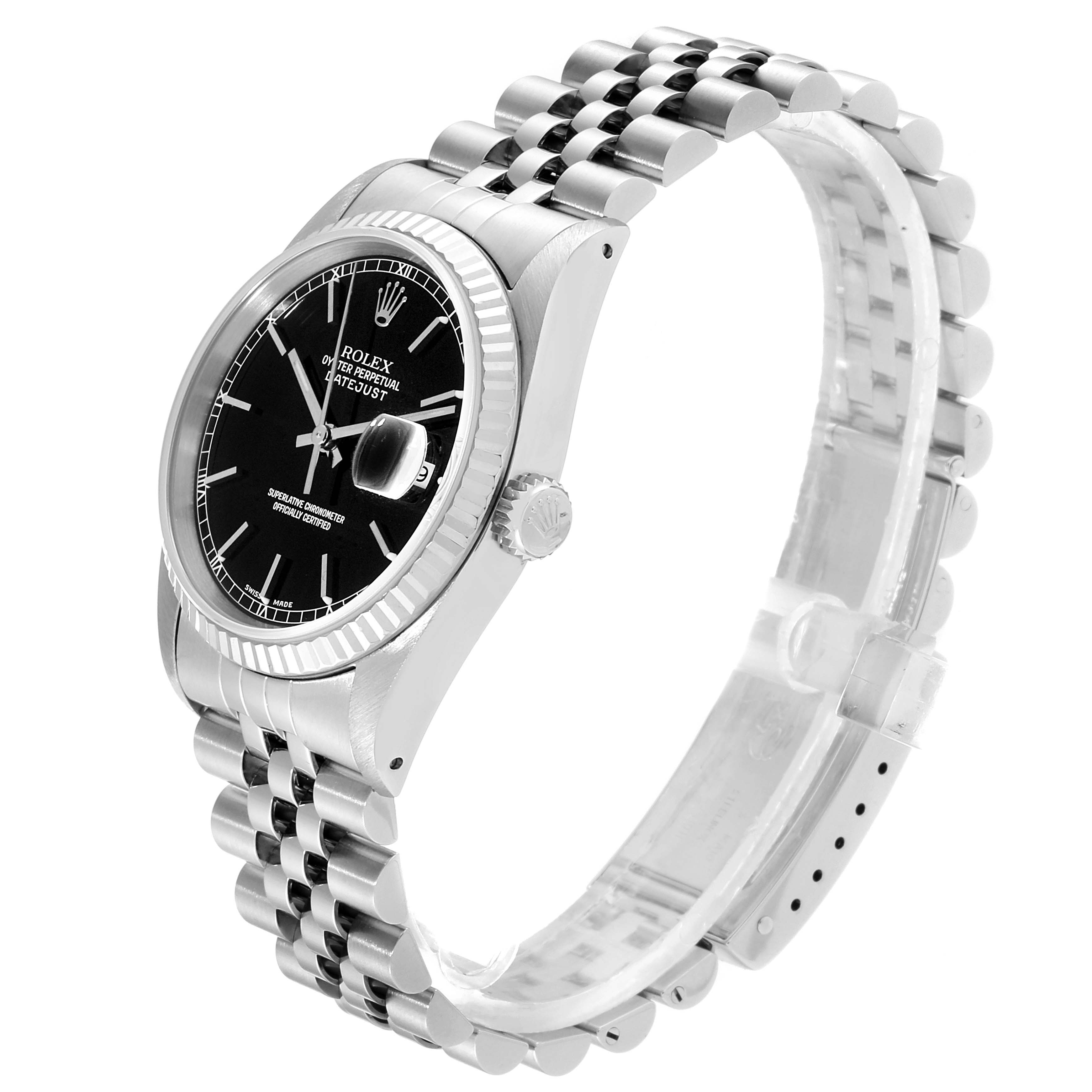 This image shows a side-angle view of a Rolex Datejust 16234 Men's Stainless Steel Black Dial 16234 Men's Stainless Steel Black Dial watch, highlighting the black dial, fluted bezel, and Jubilee bracelet.