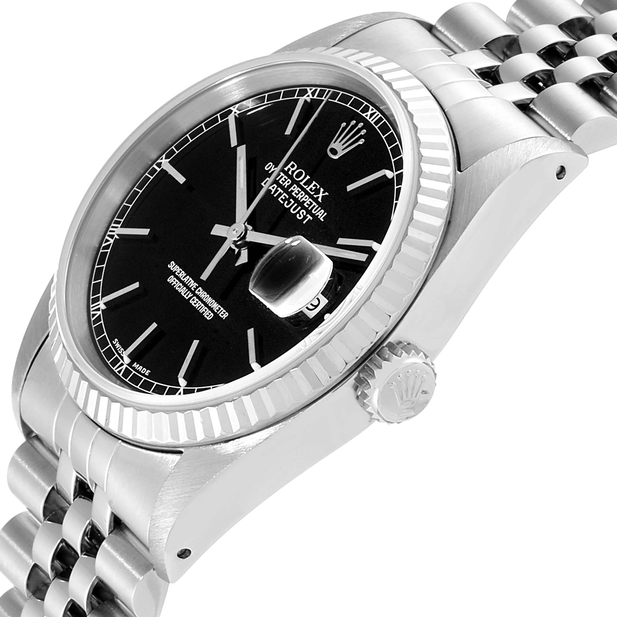 The image shows a close-up angle of a Rolex Datejust 16234 Men's Stainless Steel Black Dial 16234 Men's Stainless Steel Black Dial watch, focusing on the dial, bezel, crown, and part of the bracelet.