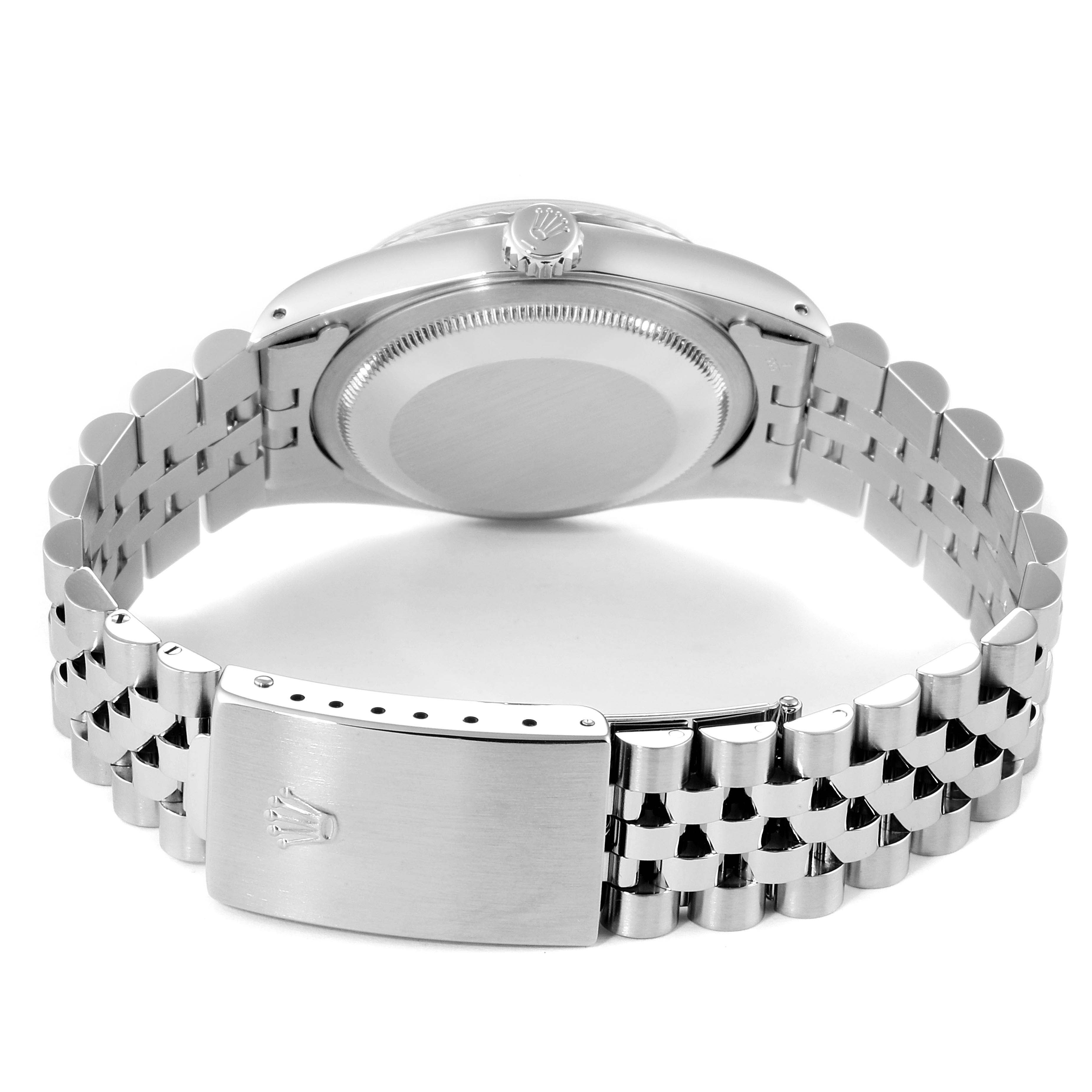 The image shows the back view of the Rolex Datejust 16234 Men's Stainless Steel Black Dial 16234 Men's Stainless Steel Black Dial watch, focusing on the case back and the clasp of the bracelet.