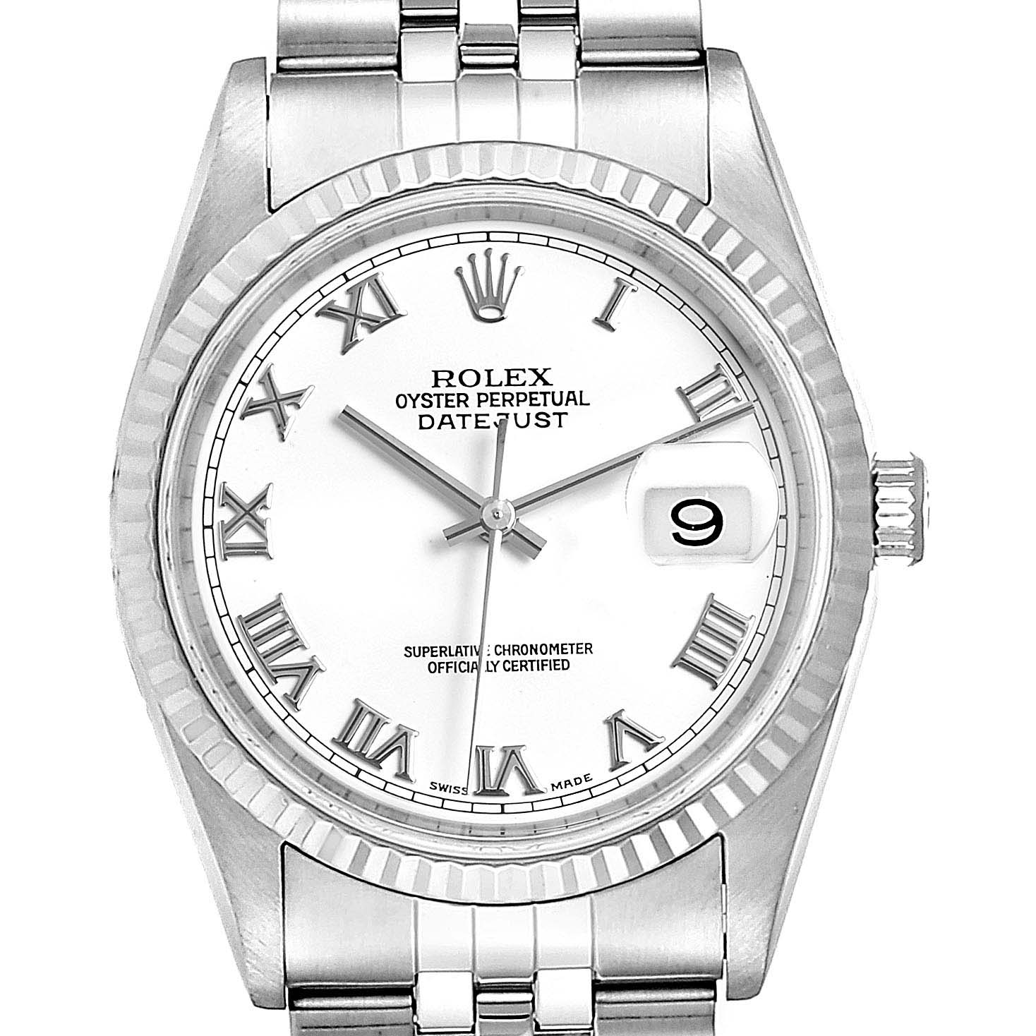 This image shows a front view of the Rolex Datejust 16234 Men's Stainless Steel White Dial 16234 Men's Stainless Steel White Dial watch displaying its dial, bezel, crown, and bracelet.