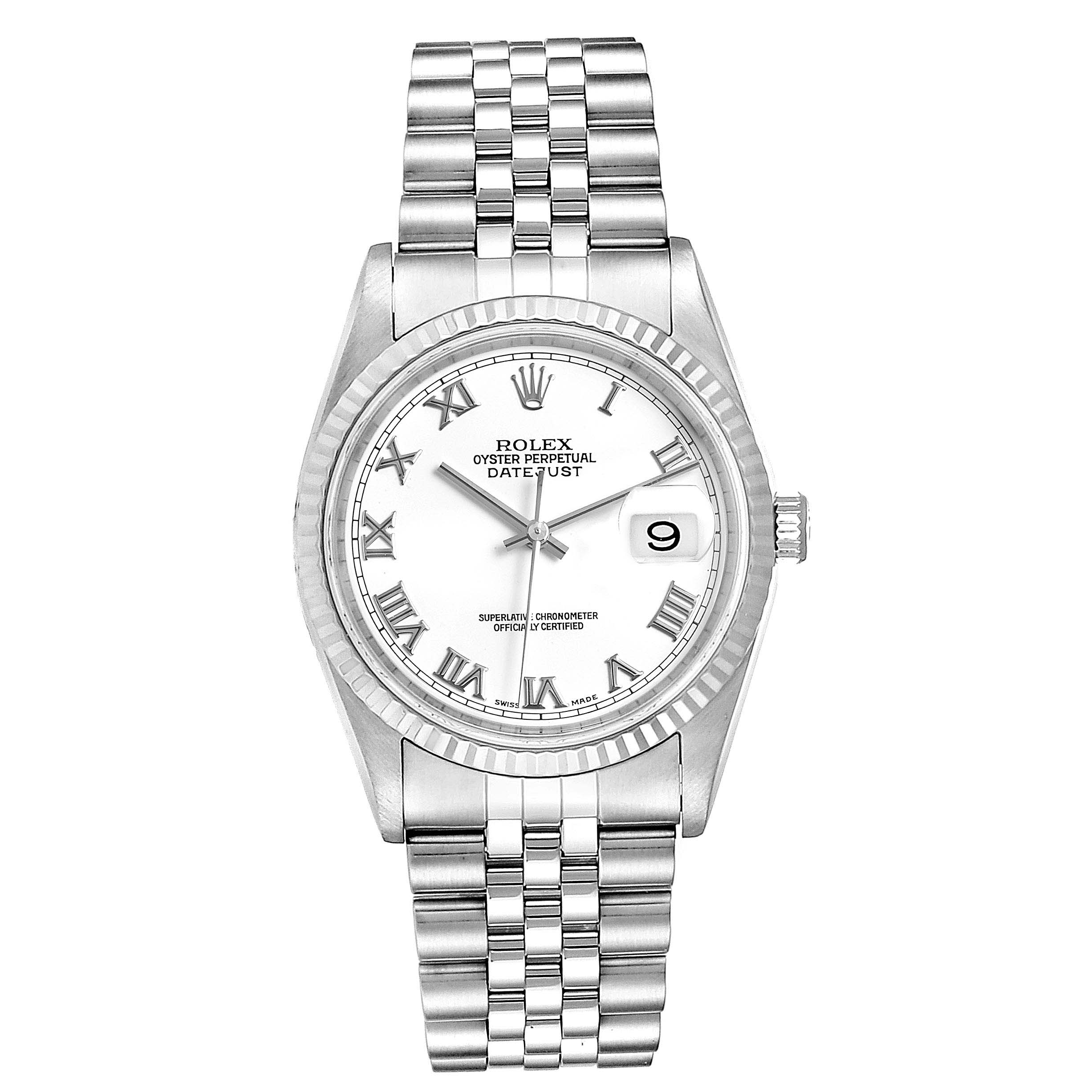 This image shows a front view of a Rolex Datejust 16234 Men's Stainless Steel White Dial 16234 Men's Stainless Steel White Dial watch, highlighting its bracelet, dial, and bezel.