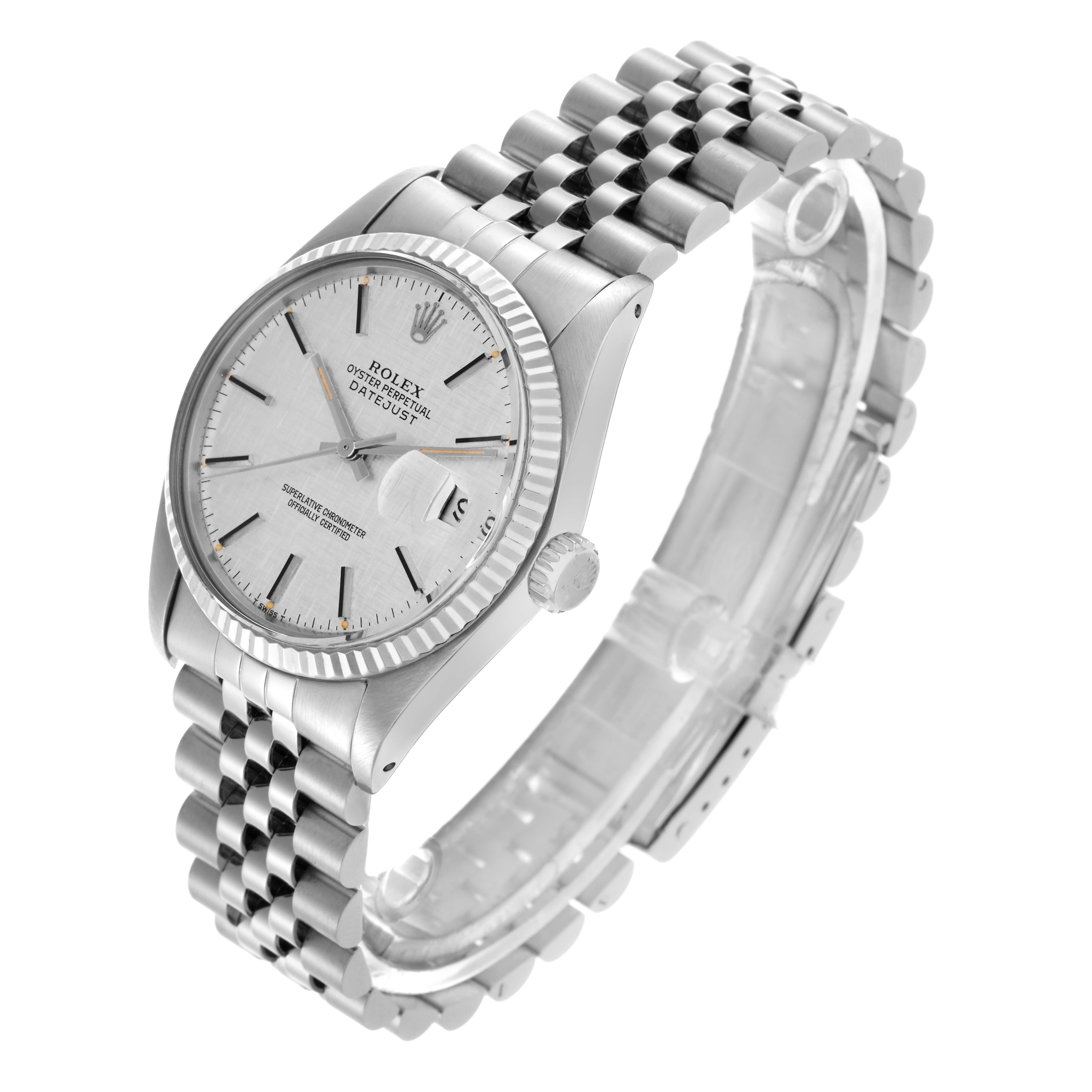 The Rolex Datejust 16014 Men
s Stainless Steel Silver Dial 16014 Men
s Stainless Steel Silver Dial watch is shown from an angled top view, featuring the bracelet, face, bezel, and crown.