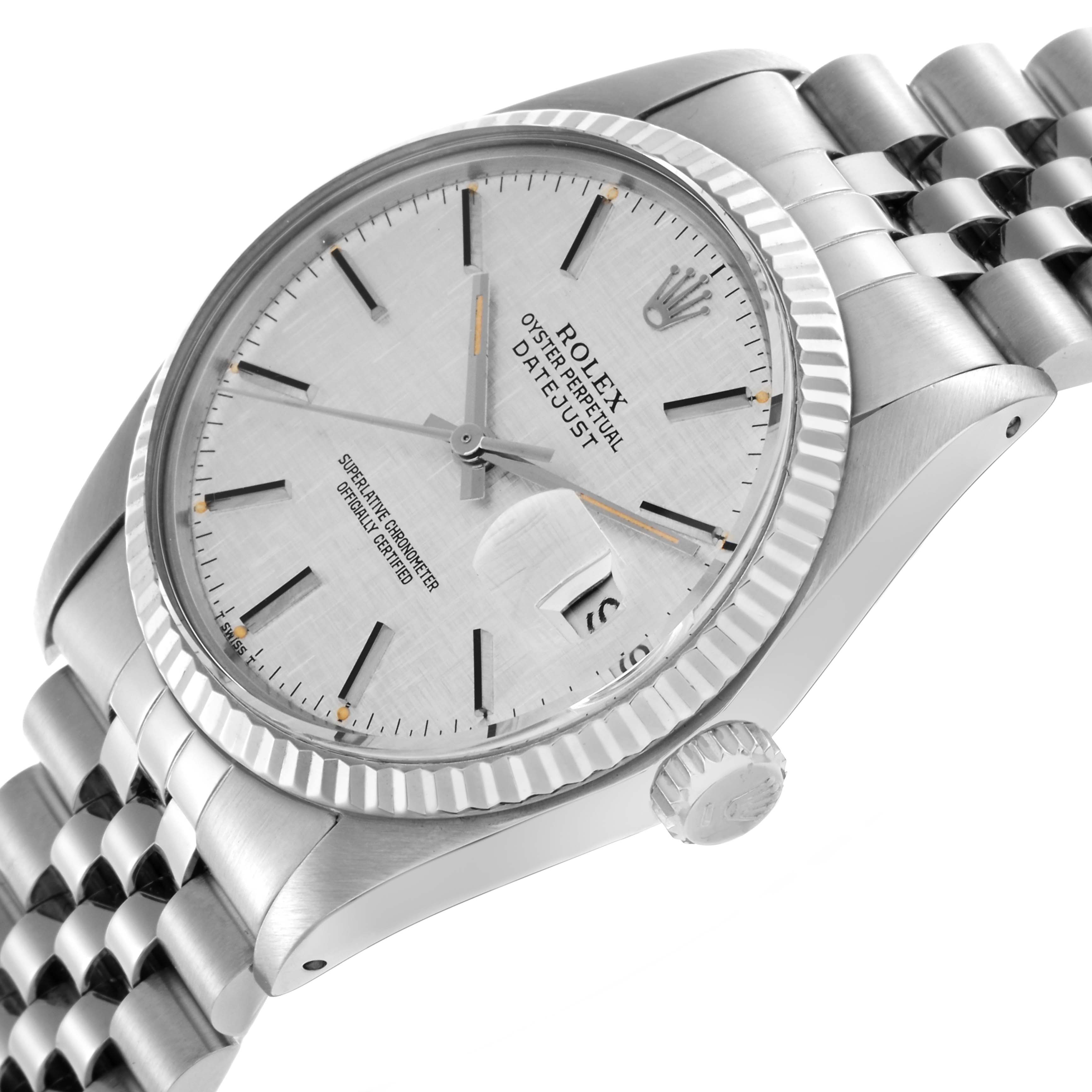 The Rolex Datejust 16014 Men
s Stainless Steel Silver Dial 16014 Men
s Stainless Steel Silver Dial watch is shown from a front angle highlighting the dial, bezel, crown, and part of the Jubilee bracelet.
