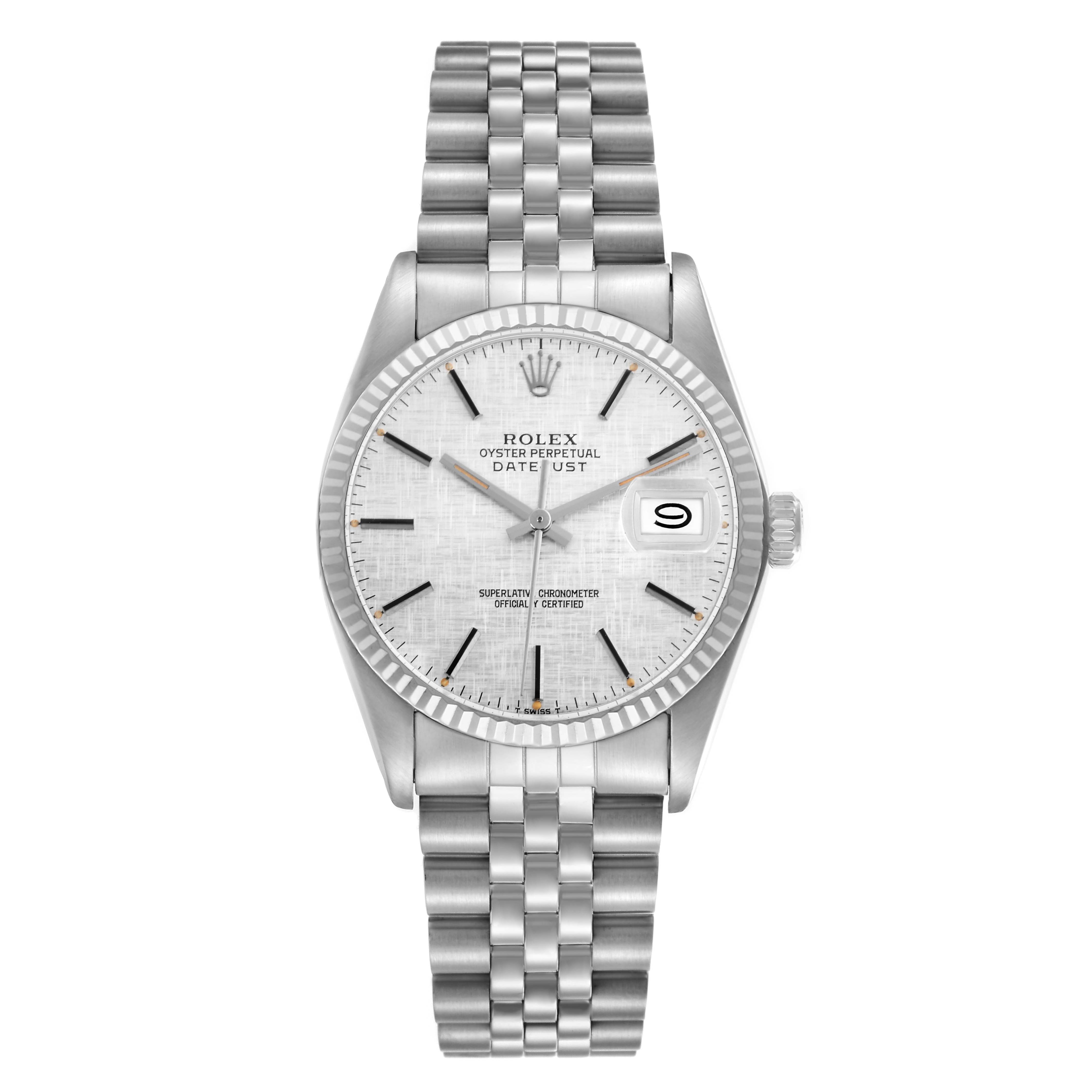 The Rolex Datejust 16014 Men
s Stainless Steel Silver Dial 16014 Men
s Stainless Steel Silver Dial watch is shown from a top view, highlighting its face, bracelet, and crown.